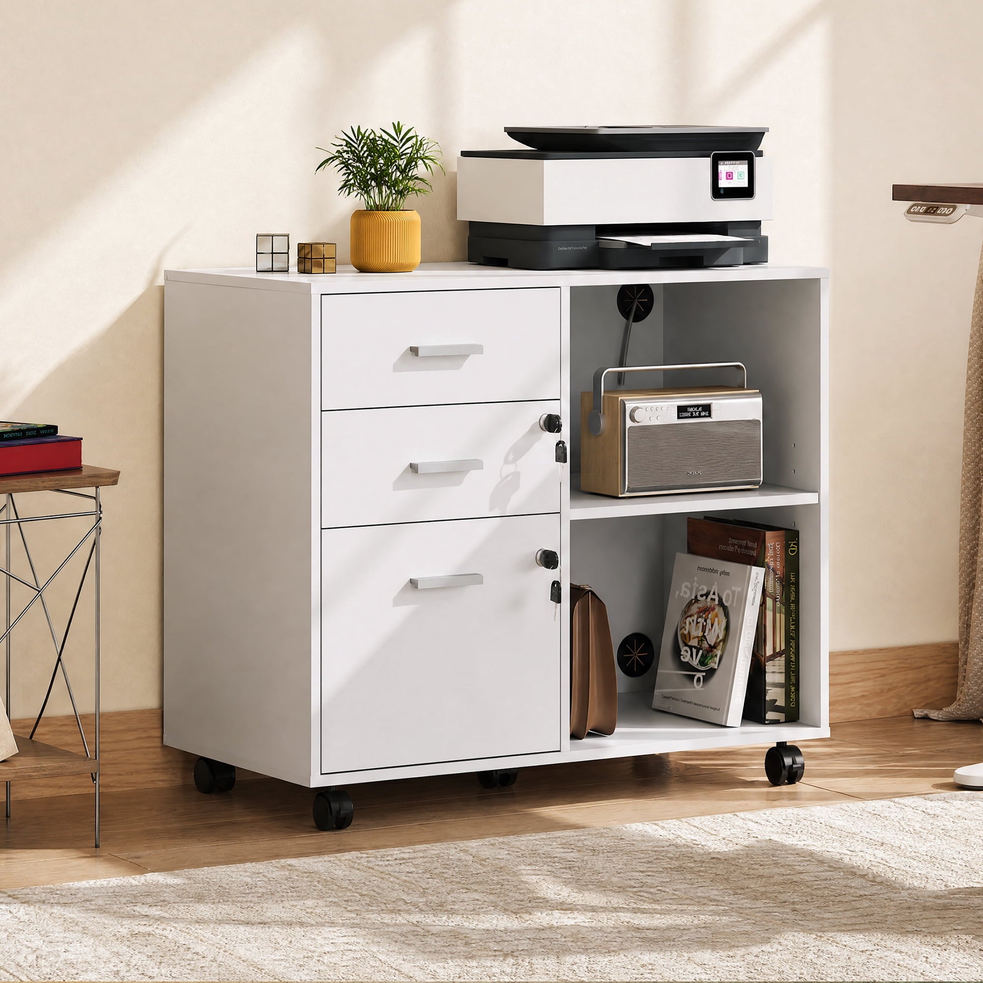 GALAXHERO 3-Drawer File Cabinet with Lock and Key, Mobile Wood Lateral Filing Cabinet & Printer Stand with Open Shelves for Home Office