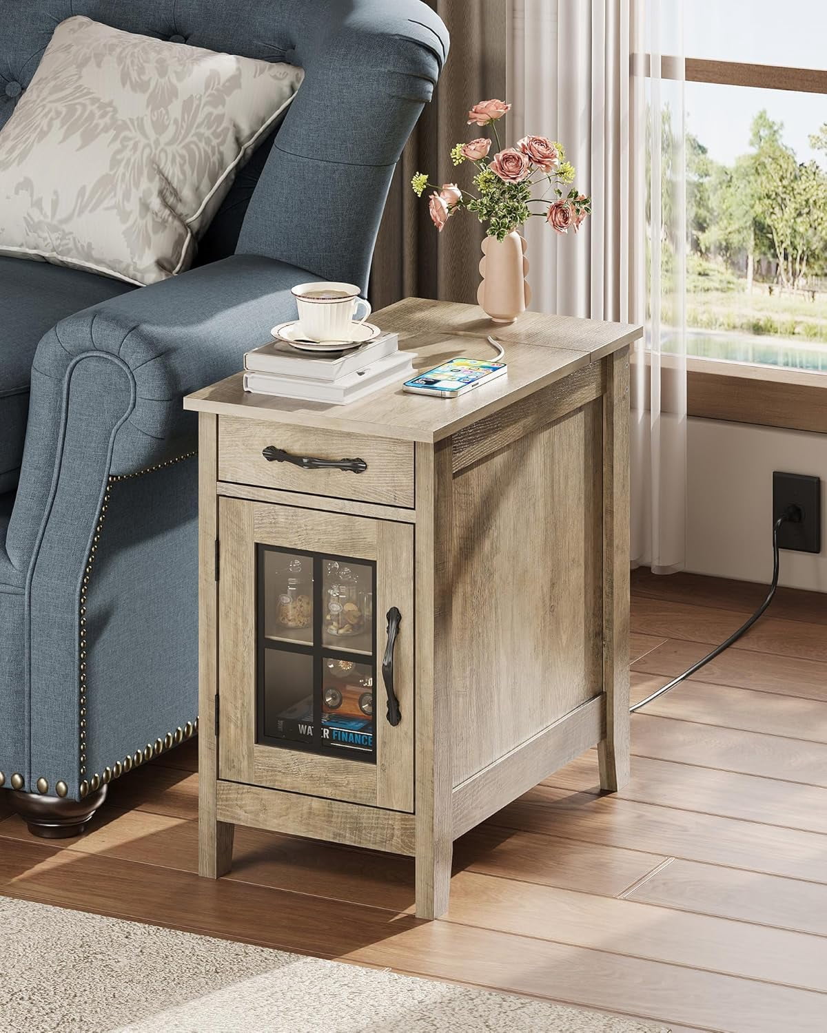 GALAXHERO End Table with Charging Station Narrow Side Table for Living Room with Storage, Small Wooden Cabinet Nightstand with USB Ports and Outlets