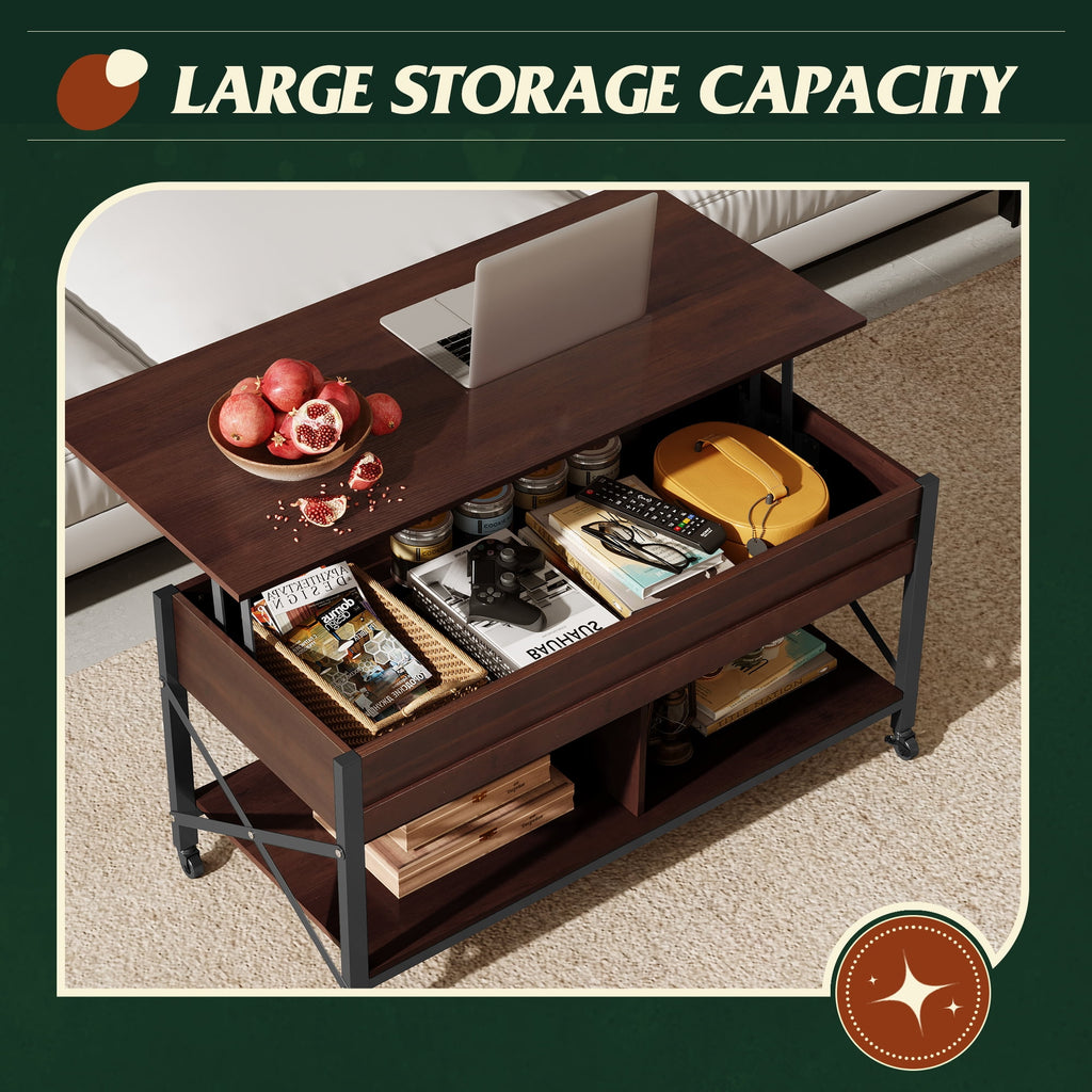 GALAXHERO Coffee Table, 41.3" Lift Top Coffee Table with 4 Wheels, Hidden Compartment, Storage Shelf and Lift Tabletop for Living Room, Reception Room