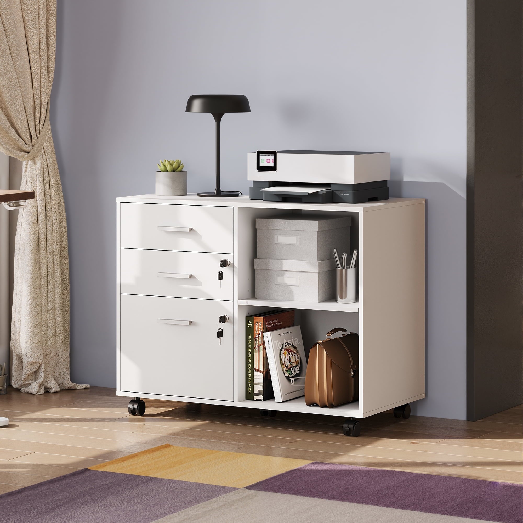 GALAXHERO 3-Drawer Locking Wood File Cabinet, Mobile Lateral Filing Cabinet, Printer Stand with Open Storage Shelves for Home Office