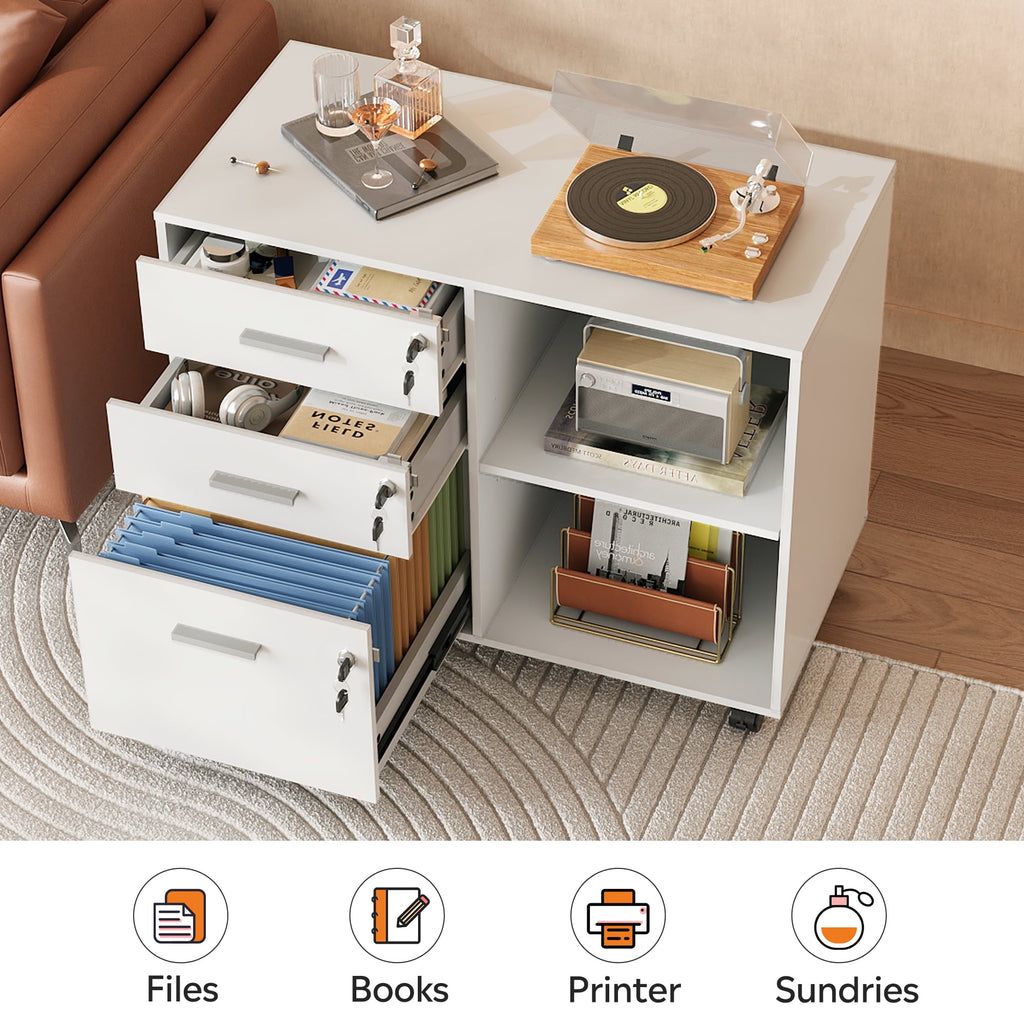GALAXHERO 3-Drawer File Cabinet with Lock and Key, Mobile Wood Lateral Filing Cabinet & Printer Stand with Open Shelves for Home Office