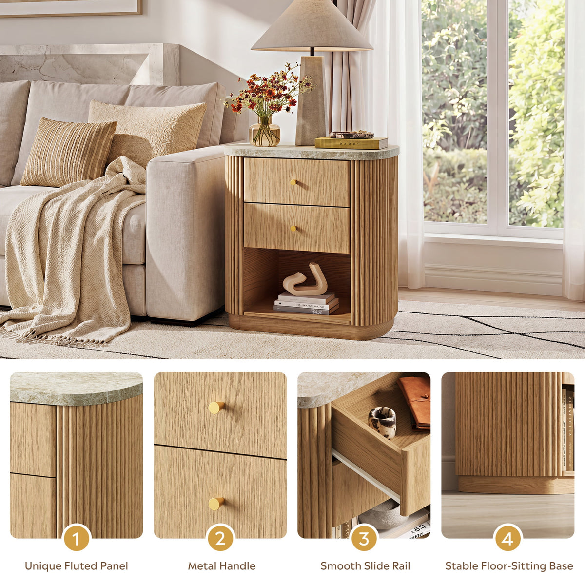 GALAXHERO Mid Century Modern Nightstand with Charging Station, 2-Drawer Fluted Wood Bedside Table with Open Shelf for Bedroom Living Room Dorm
