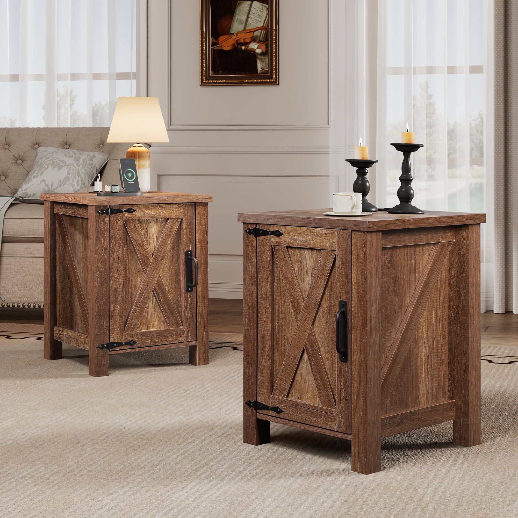 GALAXHERO Nightstand with Charging Station, Farmhouse Narrow Side Table with Barn Door, Wooden Bedside Table for Bedroom, End Tables for Living Room