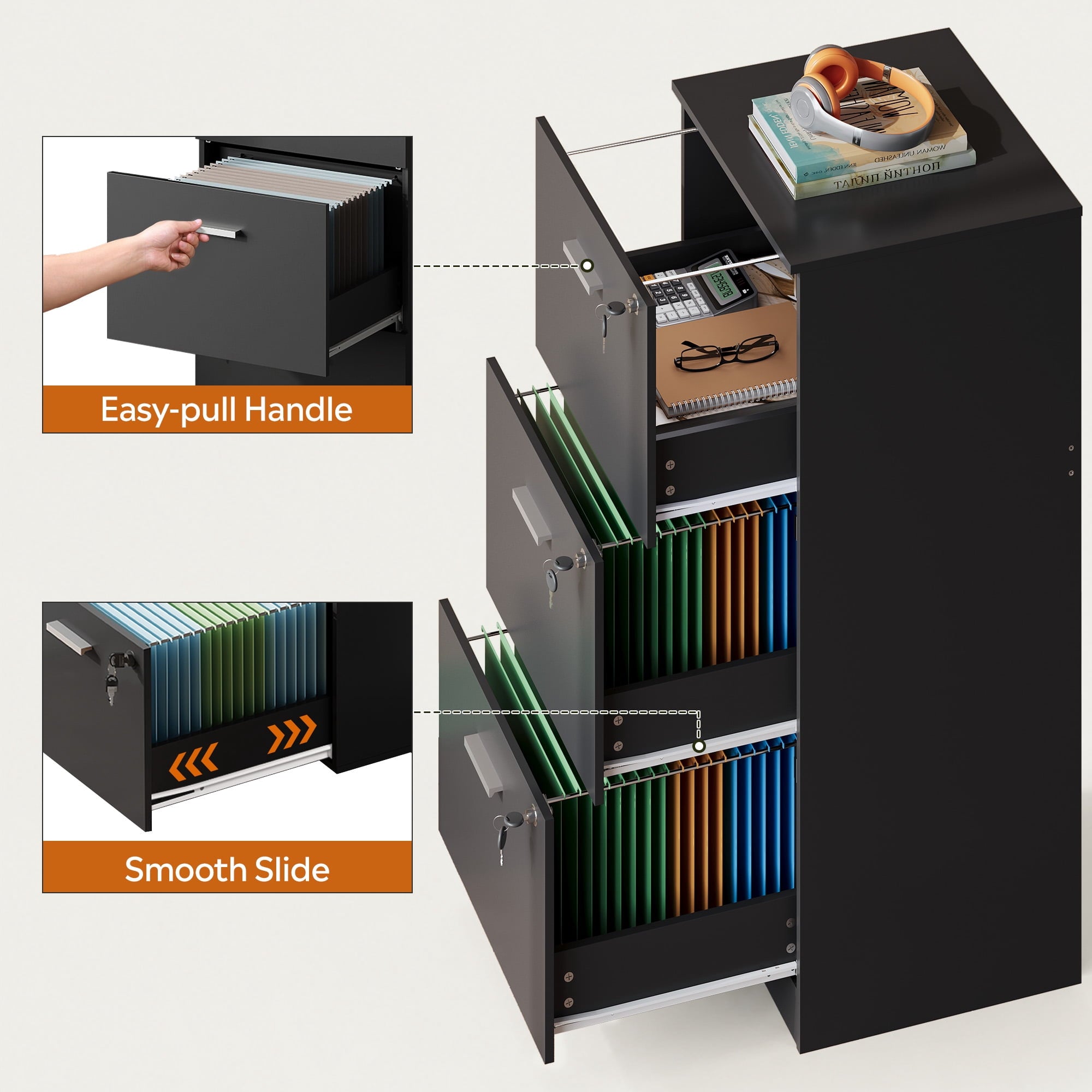 GALAXHERO 3-Drawer File Cabinet with Locks & Wood Printer Stand, Fits Letter/A4, Ideal for Home Office