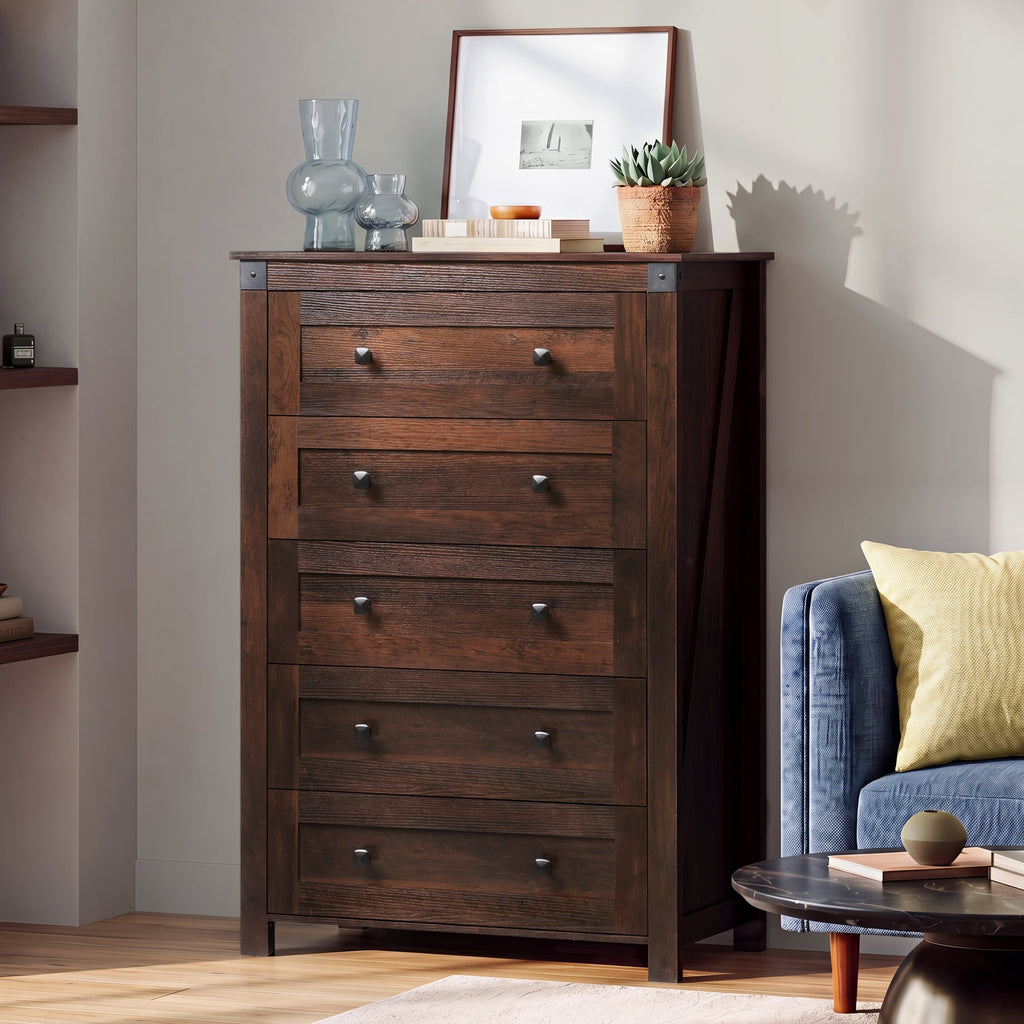 GALAXHERO Farmhouse 5 Drawer Dresser, Tall Dresser with Double Rustic Handles, Wood Chest of Drawers for Bedroom, Living Room, Hallway