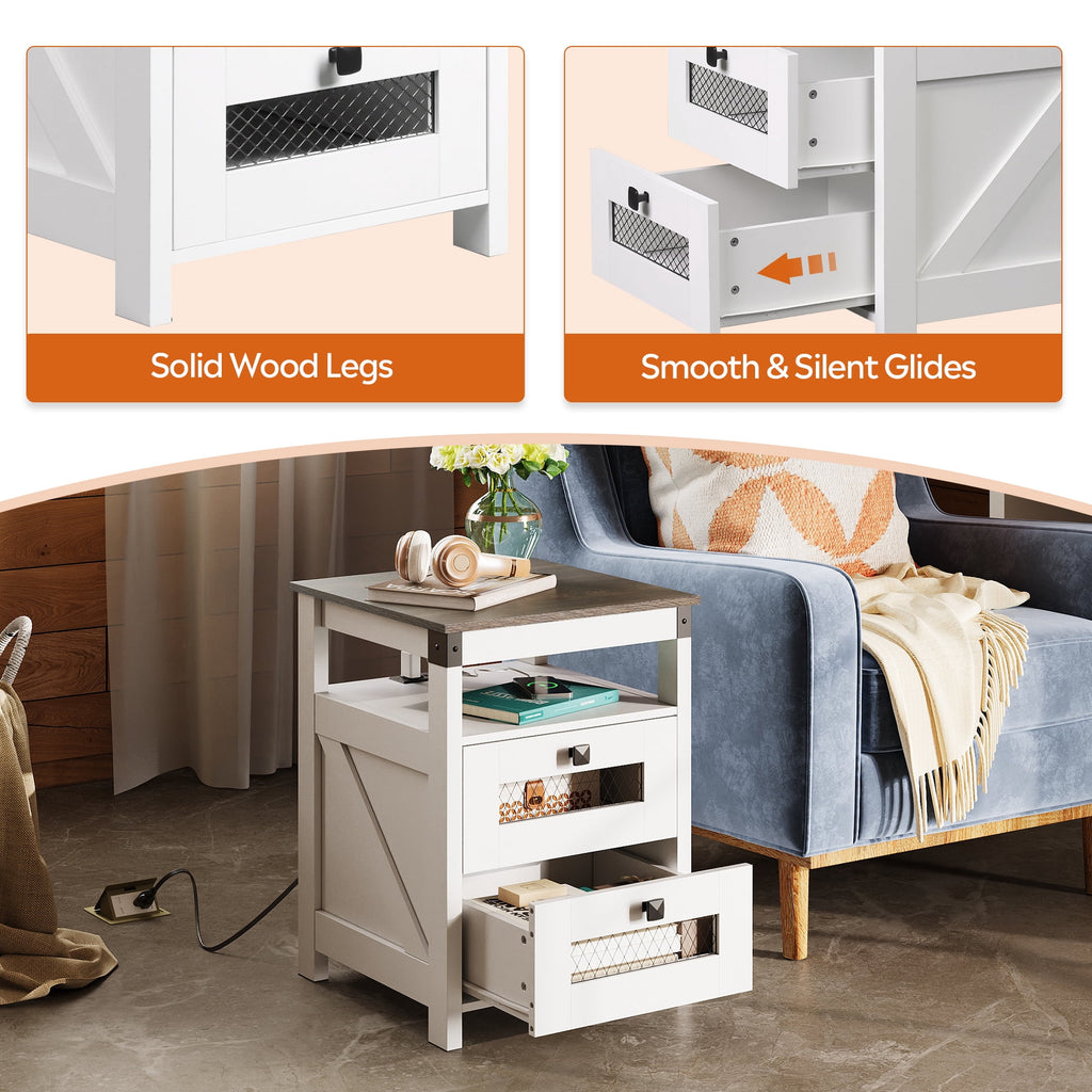 GALAXHERO Nightstand with Charging Station, Farmhouse End Table, Bed Side Table with 2 Storage Drawers and Open Shelf, Wood Rustic Nightstands for Bedroom