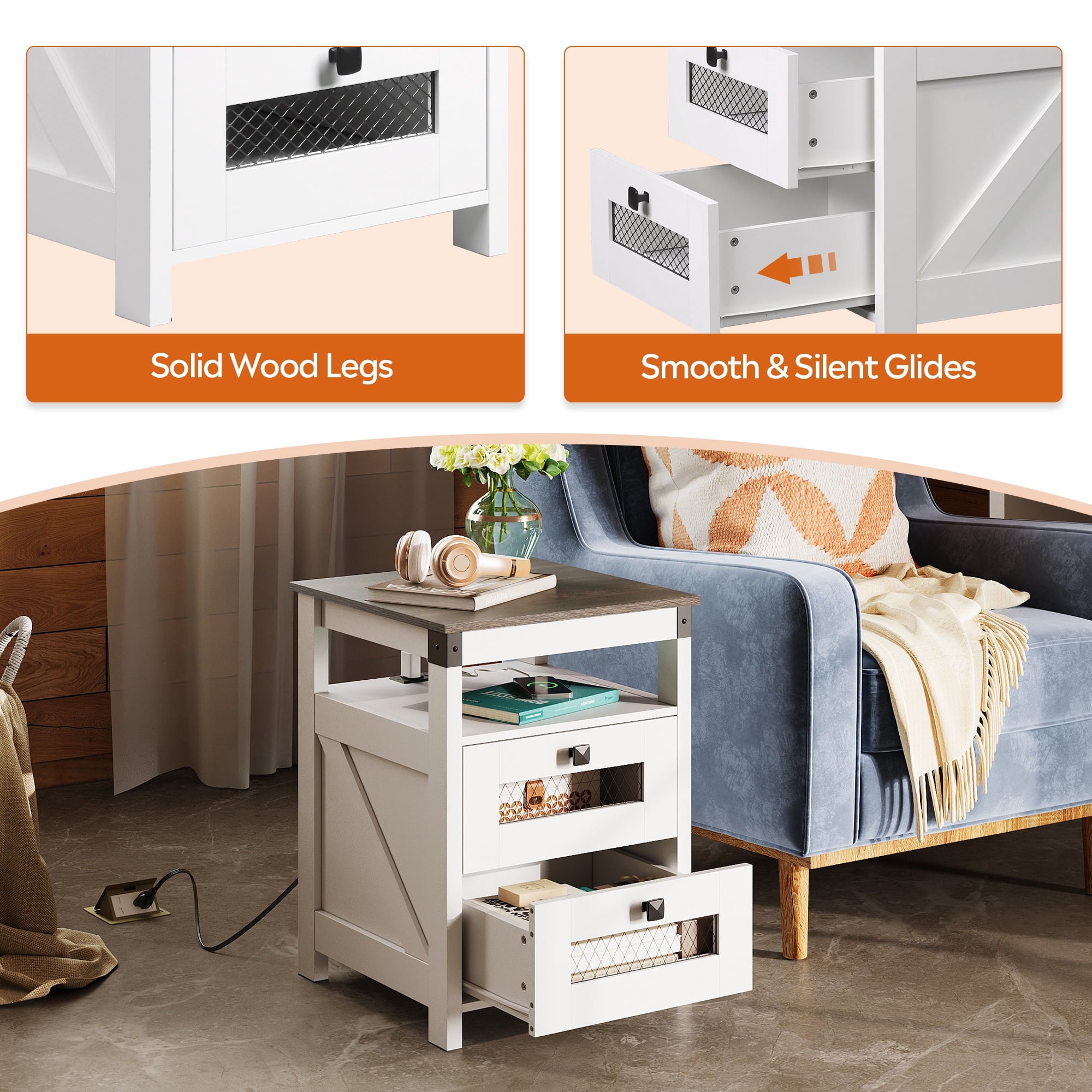 GALAXHERO Nightstand with Charging Station, Farmhouse End Table, Bed Side Table with 2 Storage Drawers and Open Shelf, Wood Rustic Nightstands for Bedroom