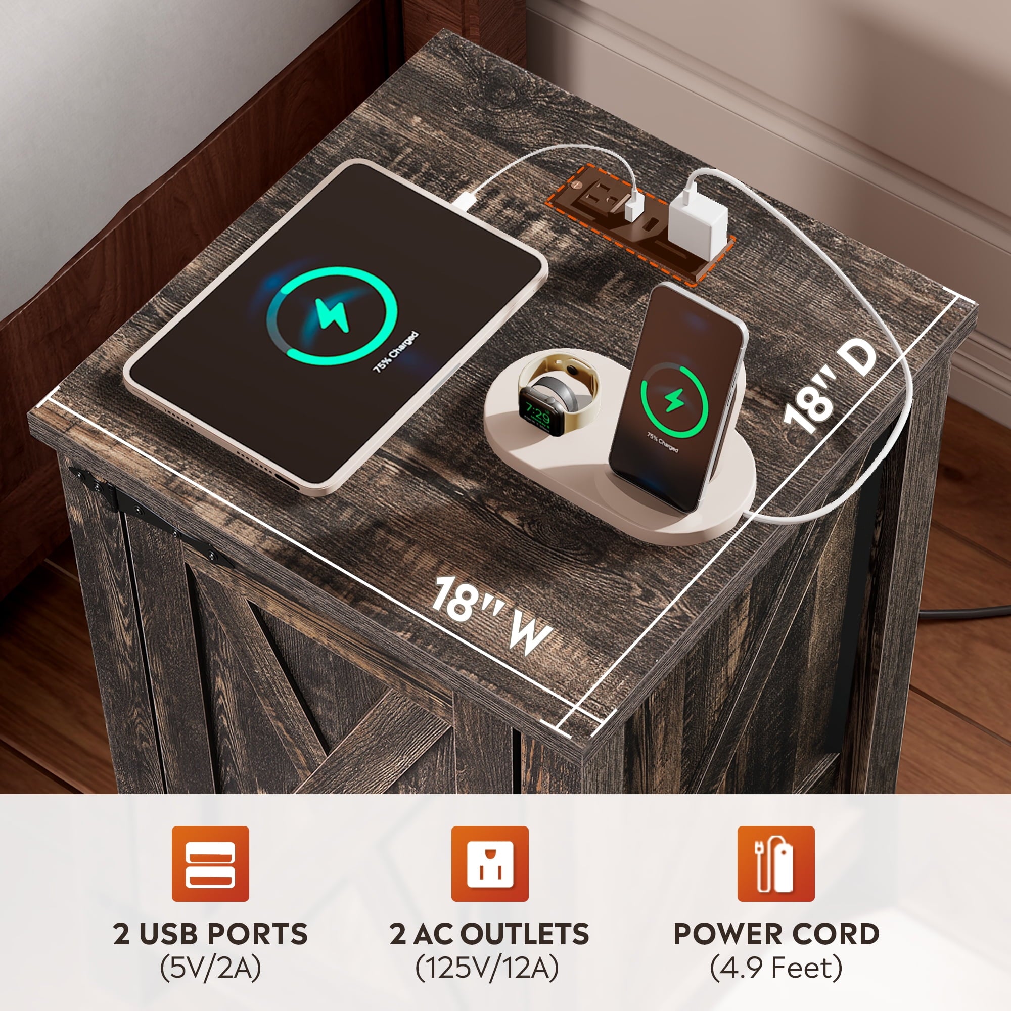 GALAXHERO Nightstand with Charging Station, Farmhouse Narrow Side Table with Barn Door, Wooden Bedside Table for Bedroom, End Tables for Living Room