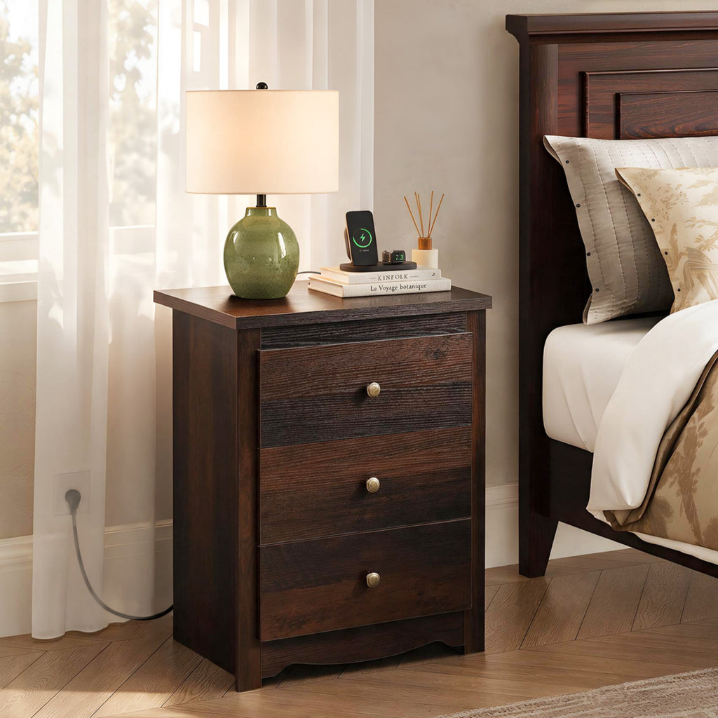 GALAXHERO Nightstand with Charging Station, 3-Drawer Tall Wood Bedside Table & End Table for Bedroom Living Room Dorm