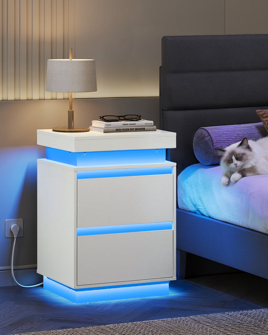 GALAXHERO  Nightstand with Charging Station and LED Lights, Modern 2 Drawers Bedside Table with Sliding Top, End Side Table for Bedroom, Living Room