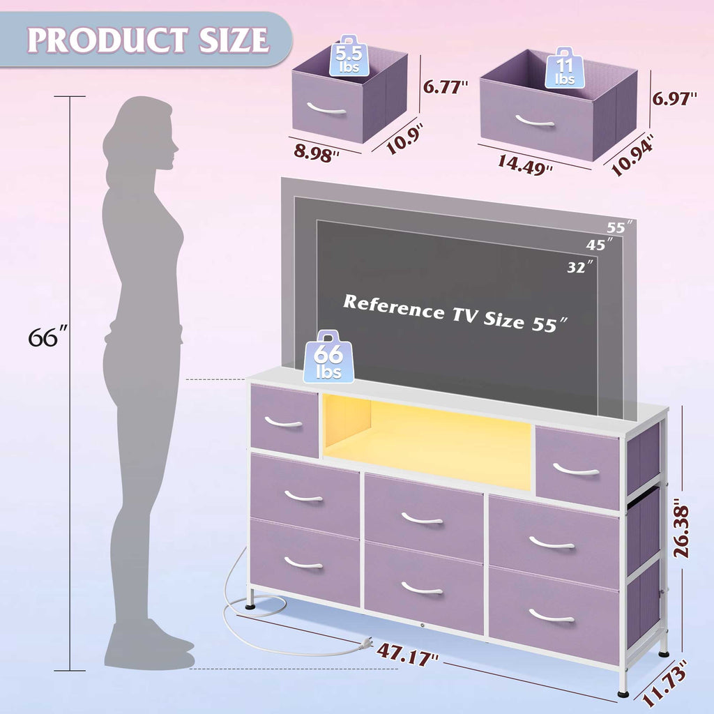 GALAXHERO 8-Drawer Dressers for Bedroom, Dresser TV Stand for 55'' TV with LED Lights and Power Outlets, Fabric Chest of Drawers for Living Room, Entryway