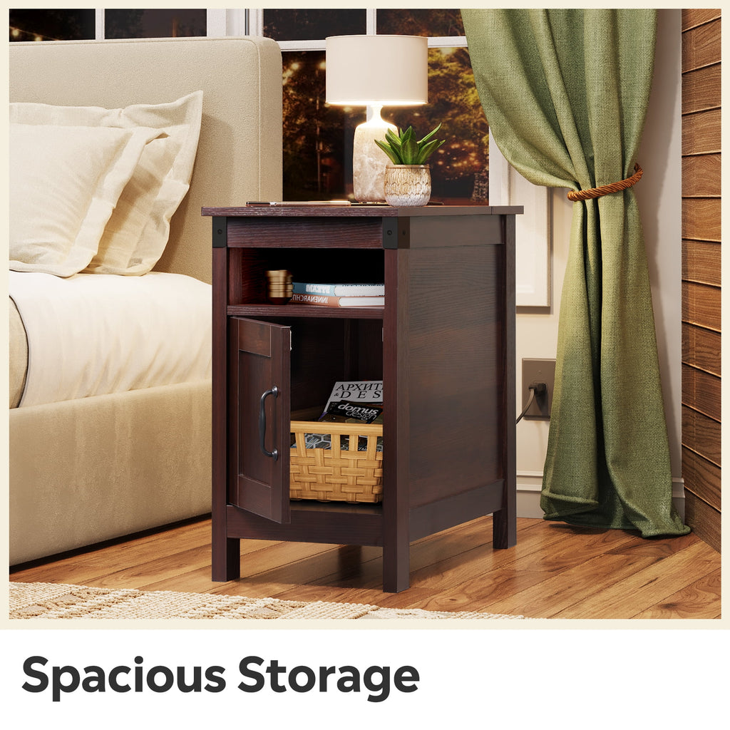 GALAXHERO Set of 2 Narrow End Tables with Charging Station, Side Tables for Small Spaces, USB Ports & Outlets, Nightstands with Storage for Living Room & Couch, Espresso Finish