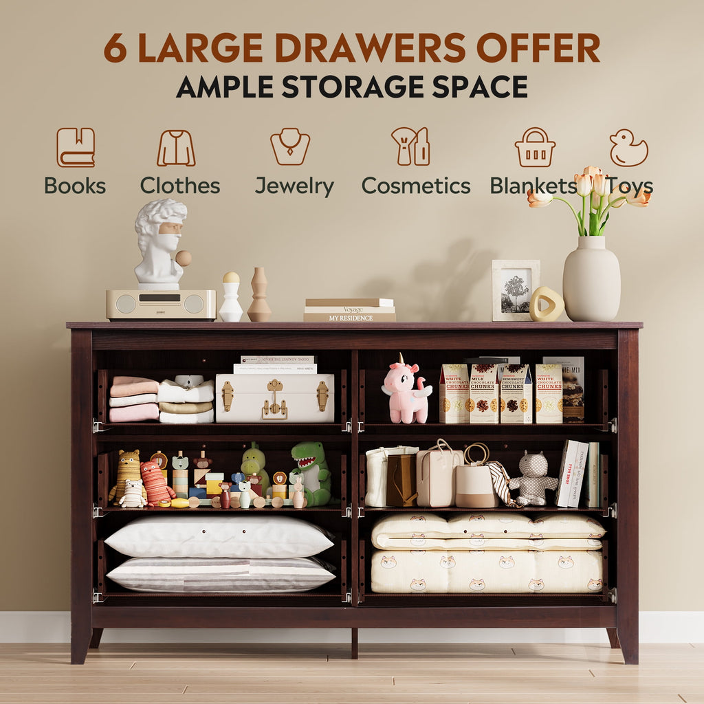 GALAXHERO 6-Drawer Double Wood Dresser - Farmhouse Chest of Drawers with Metal Handles for Bedroom, Living Room, Entryway