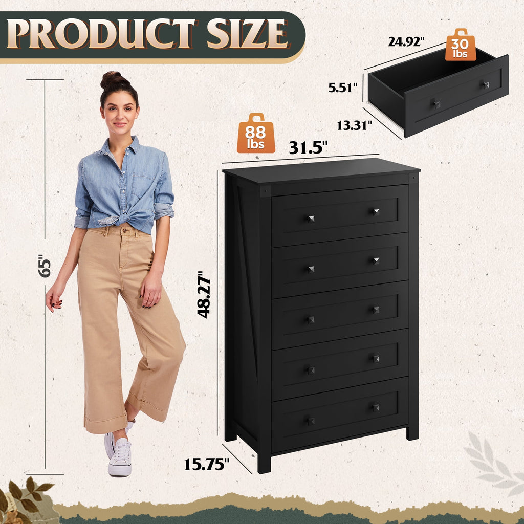 GALAXHERO Farmhouse Tall 5 Drawer Dresser, Wood Storage Organizer for Bedroom, Living Room,  Handles