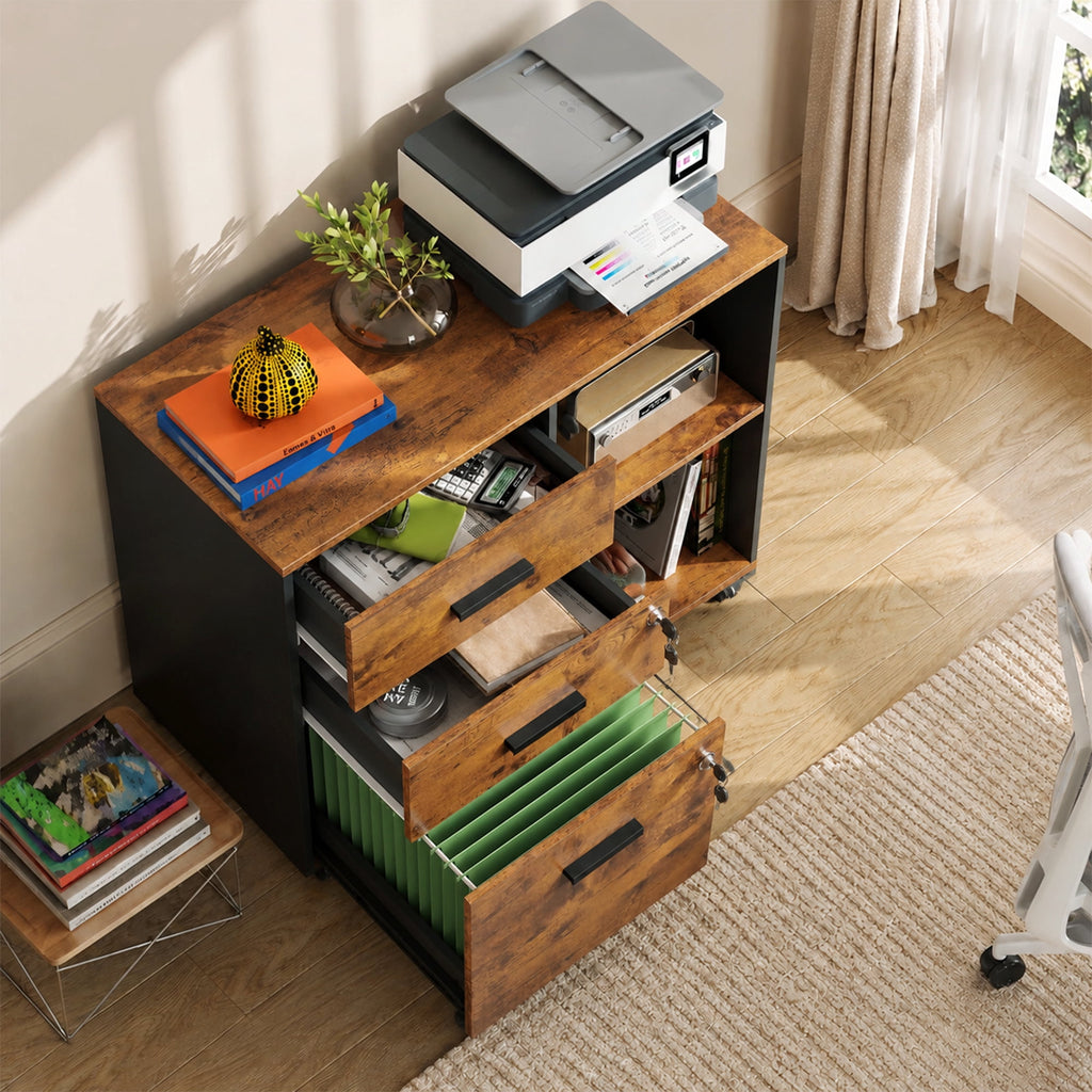 GALAXHERO 3-Drawer File Cabinet with Lock and Key, Mobile Wood Lateral Filing Cabinet & Printer Stand with Open Shelves for Home Office