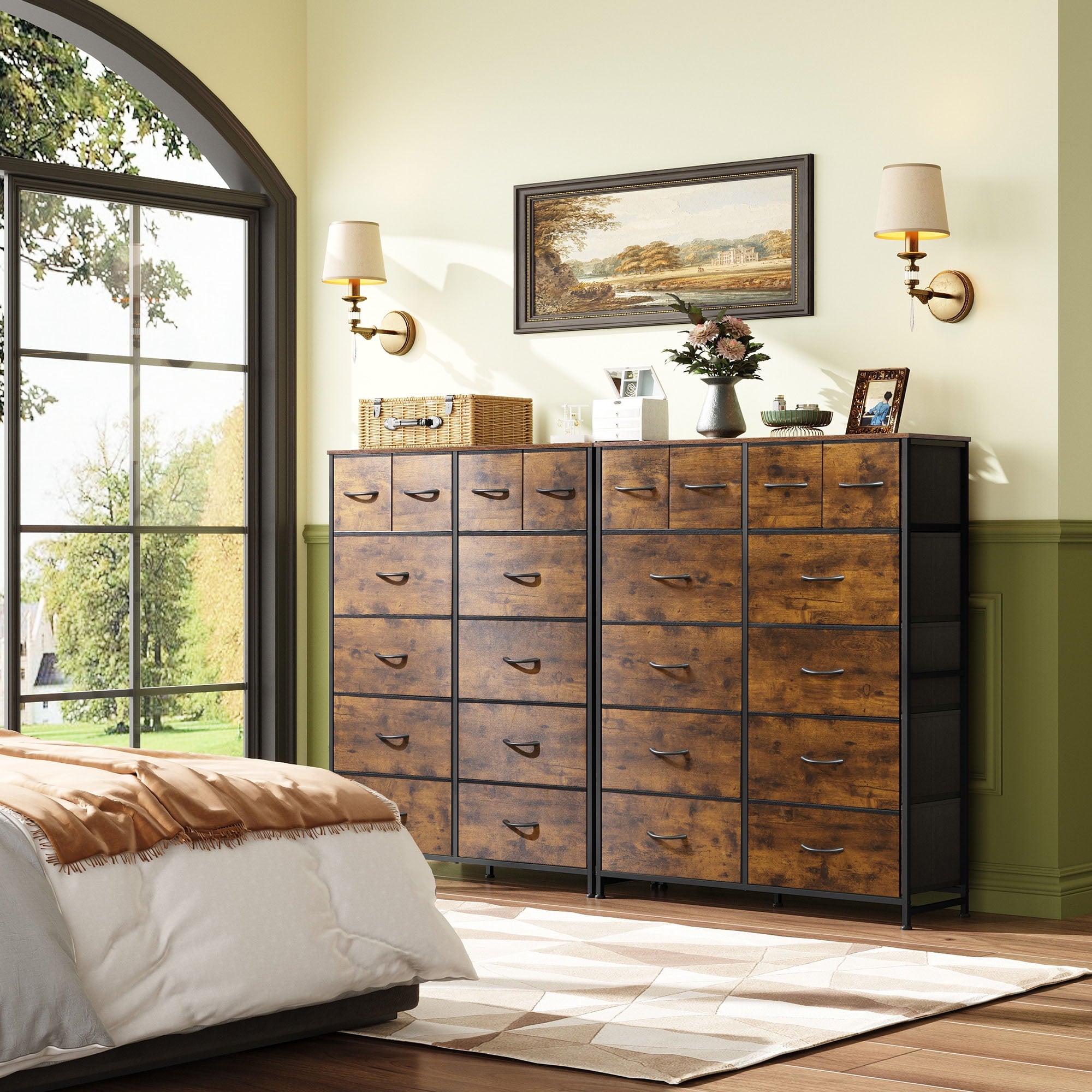 GALAXHERO 12-Drawer Tall Fabric Dresser with Steel Frame, Large Storage Chest of Drawers for Bedroom, Closet, Rustic Brown Wood Grain Print