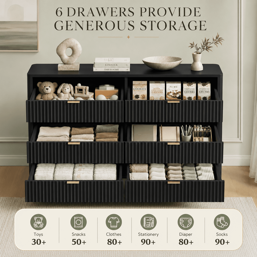 GALAXHERO 6 Drawer Dresser for Bedroom, Wide Chest of Drawers, Fluted Wood Dresser, TV Stand for 55 inch TV, Storage Cabinet for Living Room, Hallway