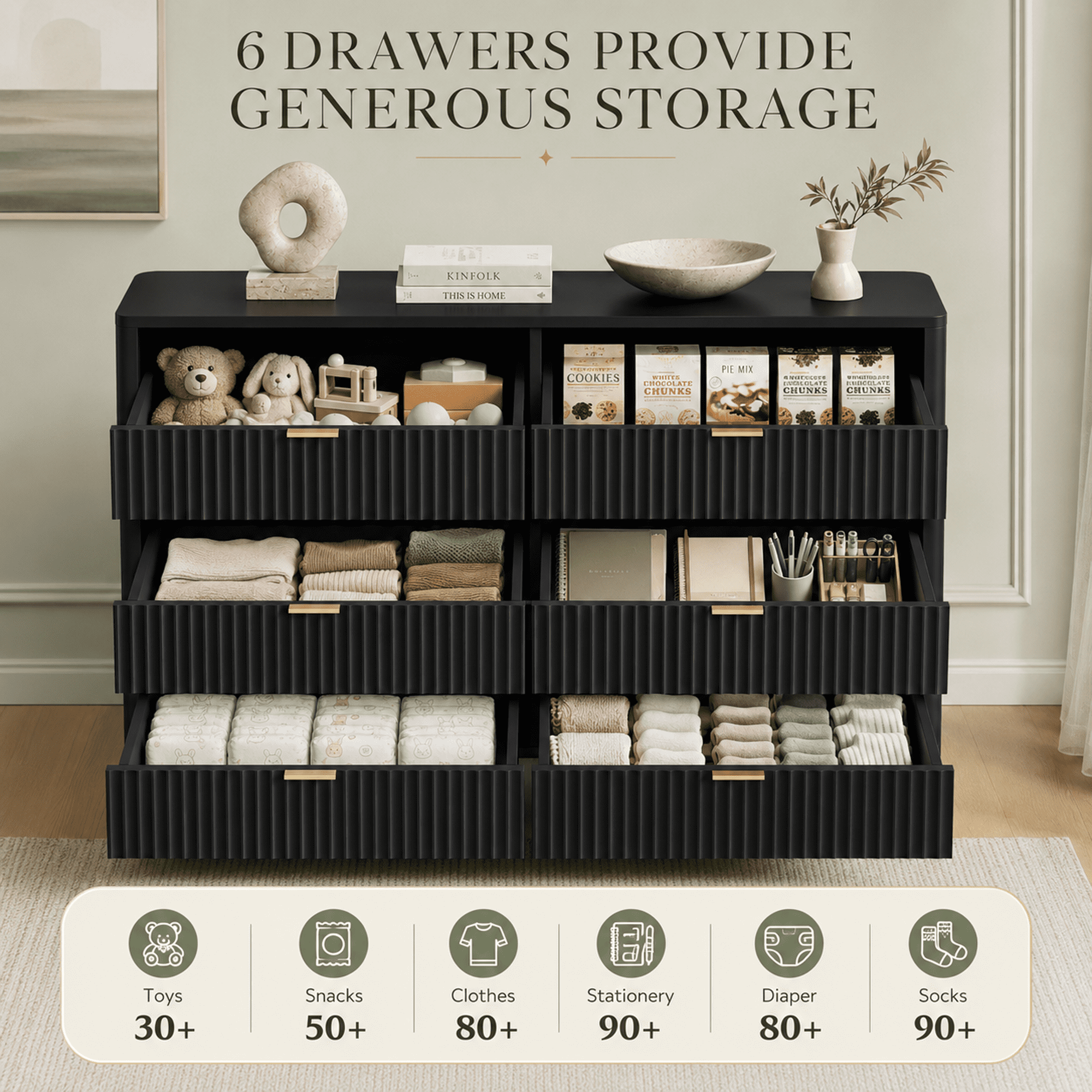 GALAXHERO 6 Drawer Dresser for Bedroom, Wide Chest of Drawers, Fluted Wood Dresser, TV Stand for 55 inch TV, Storage Cabinet for Living Room, Hallway