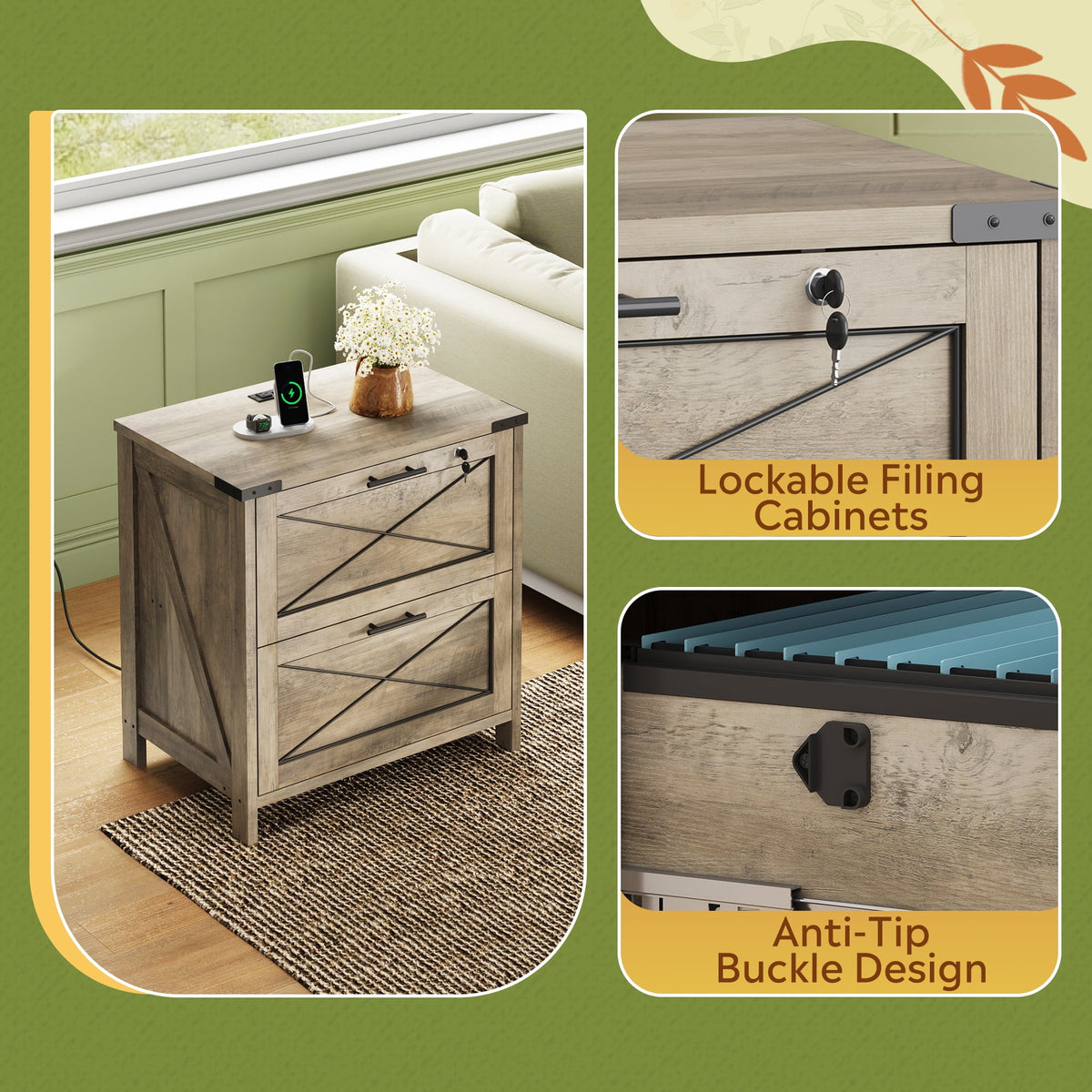 GALAXHERO 2 Drawer Lateral File Cabinet with Lock & Charging Station, Wood Office Cabinet for Home Office, Fits Letter/Legal/A4