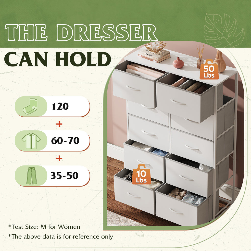 GALAXHERO Tall Dresser 10 Fabric Drawers, Storage Tower with Cabinet, Metal Frame, Wooden Top, Organizer Units for Bedroom, Living Room, Closet, Clothing