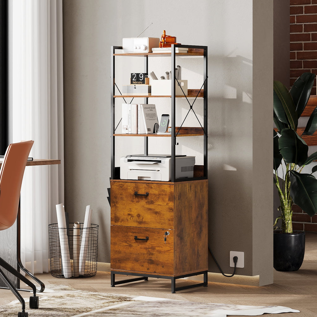 GALAXHERO 2 Drawer File Cabinet with Charging Station, Tall Vertical Filling Cabinet with Lock, Fits Letter/A4/Legal Size, Printer Stand & Adjustable Shelves for Home Office