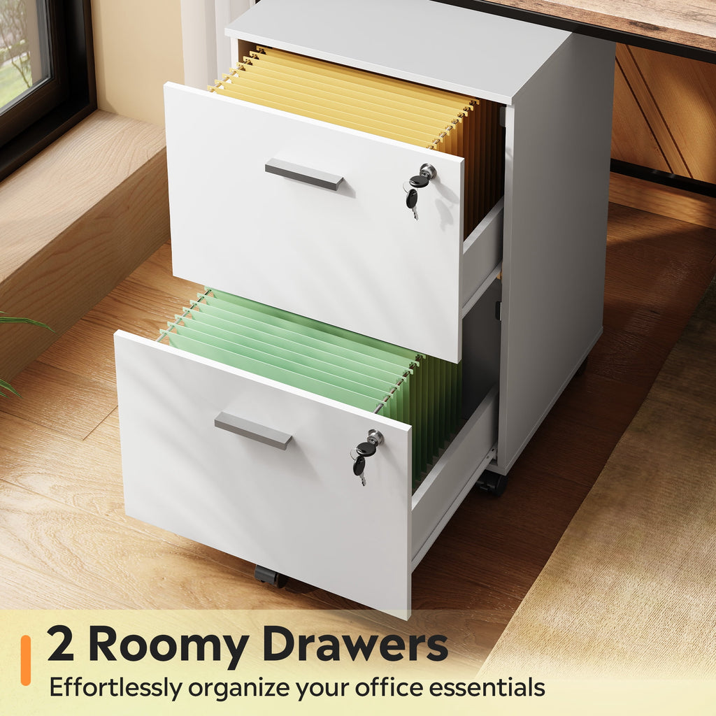 GALAXHERO 2 Drawer Filing Cabinet with Lock, Wooden Printer Stand with Storage for Home Office, Mobile Locking File Cabinet Fits Letter/A4 Hanging Files