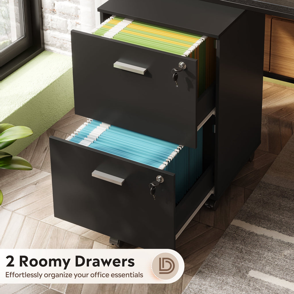GALAXHERO 2 Drawer Filing Cabinet with Lock, Wooden Printer Stand with Storage for Home Office, Mobile Locking File Cabinet Fits Letter/A4 Hanging Files