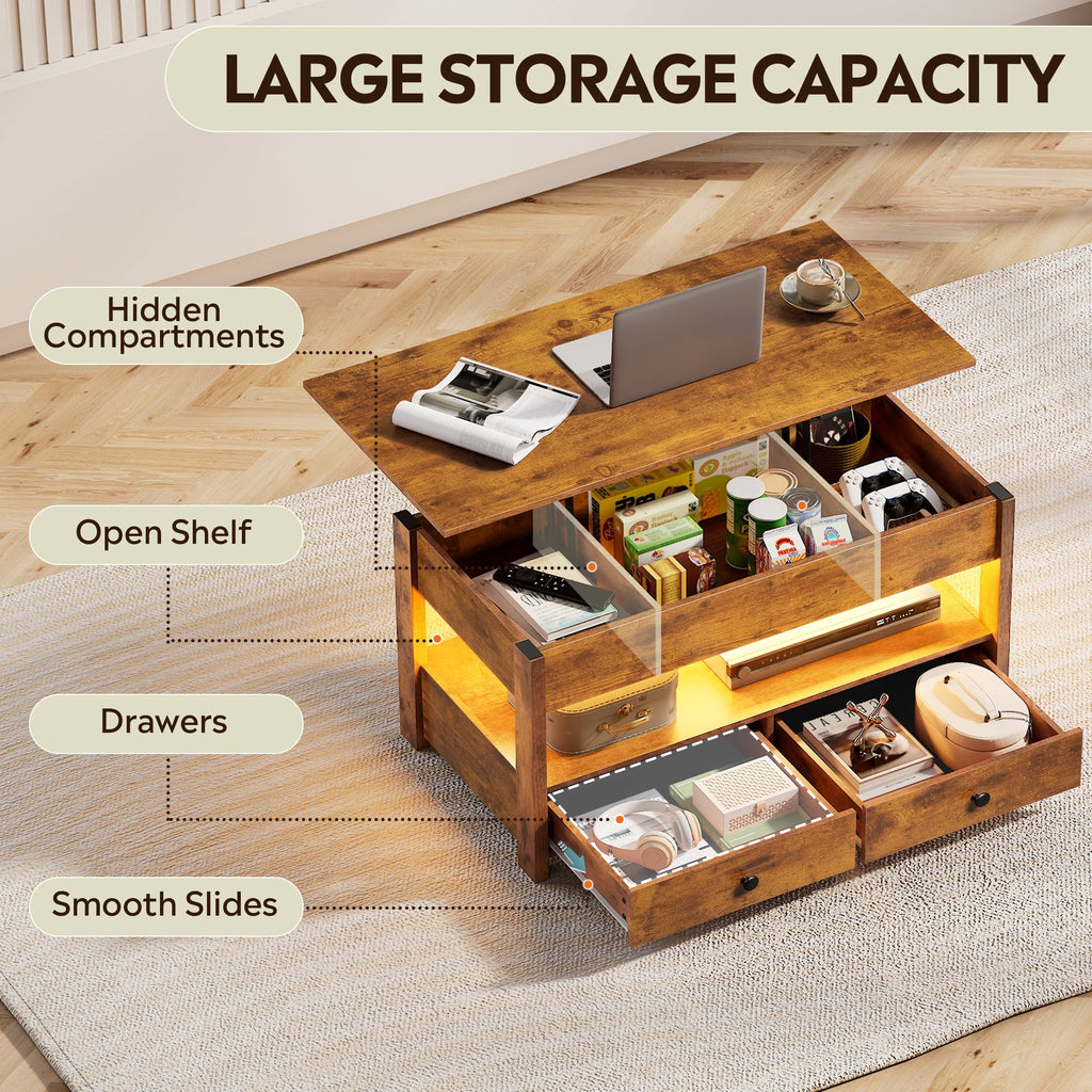 GALAXHERO Lift Top Coffee Table for Living Room Table with 2 Drawers & LED Light & Large Storage and Open Shelf
