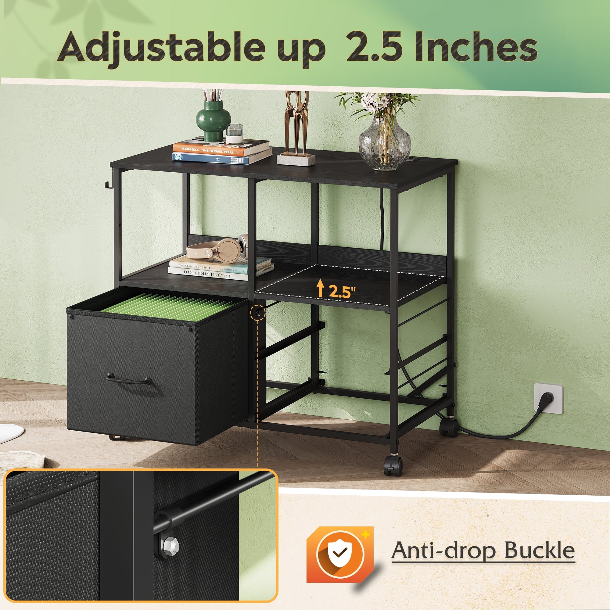 GALAXHERO Printer Cart with Storage Shelf, 3 Drawer File Cabinets Fit Letter/A4 Size, Mobile Printer Stand with Charging Station for Home Office, Black