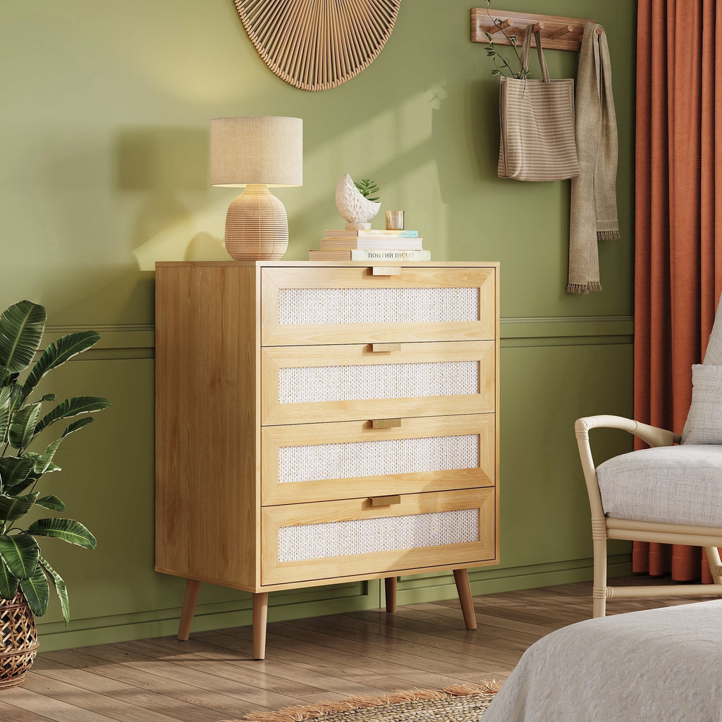 GALAXHERO 4 Drawers Dresser, Rattan Boho Chest of Drawers for Bedroom, Wood Storage Cabinet with Metal Handle for Living Room, Closet, Hallway