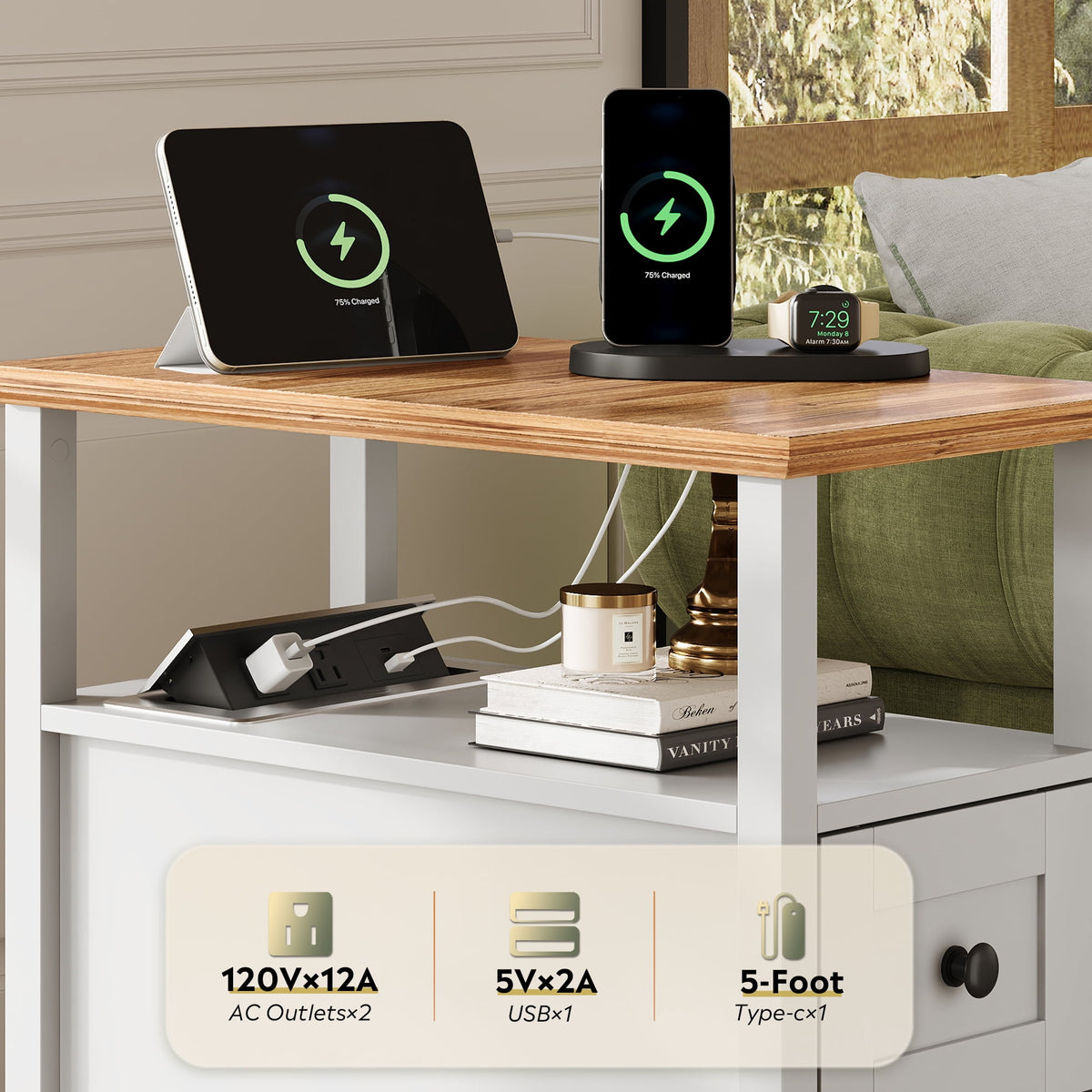 GALAXHERO Narrow Side Table with Charging Station Wooden End Table with 2 Drawers for Living Room, Bedroom, Small Space