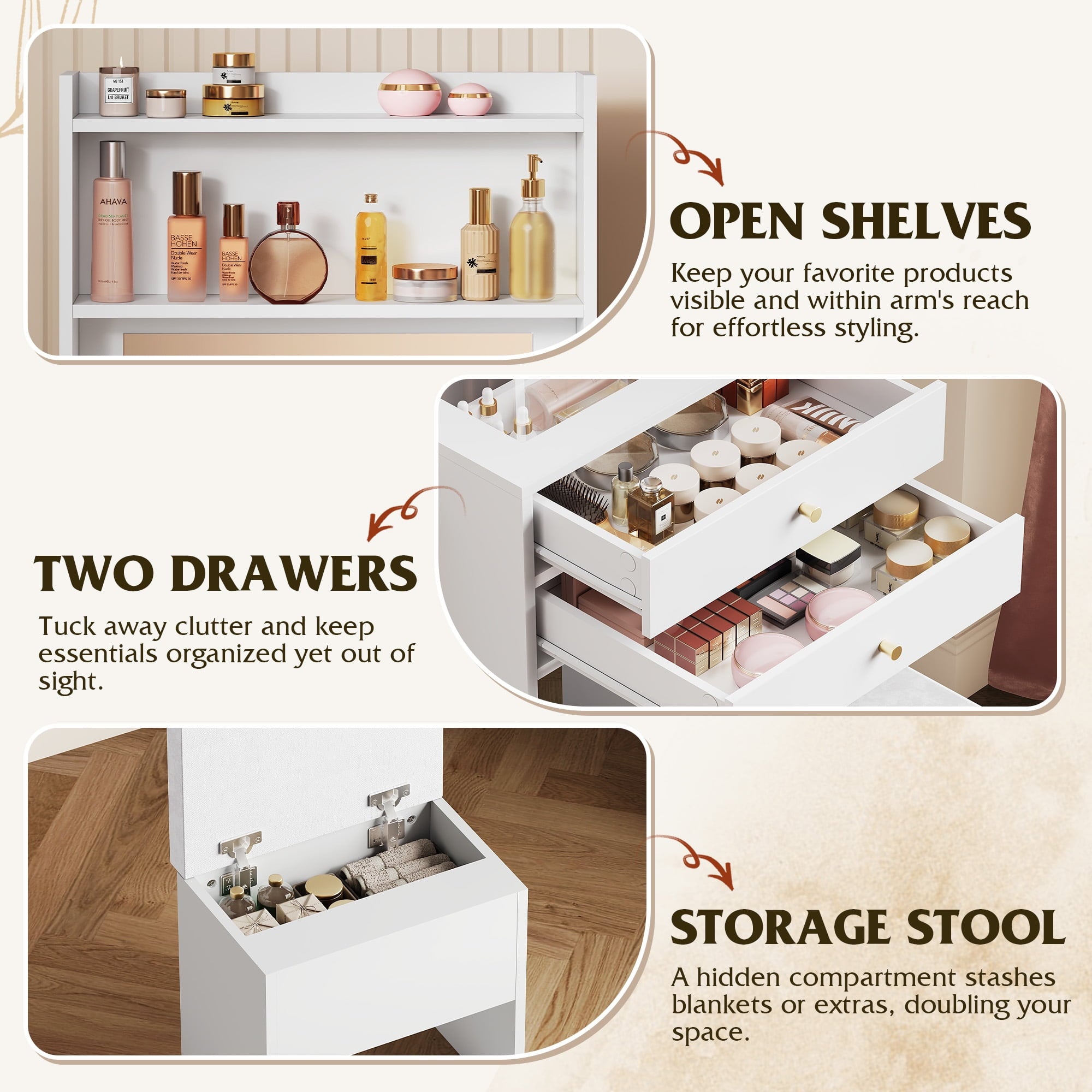 GALAXHERO Vanity Desk with Lighted Mirror and Glass Top, Makeup Vanity Chair with Storage, Fold-up Panel, 2 Drawers Dressing Table for Bedroom, White