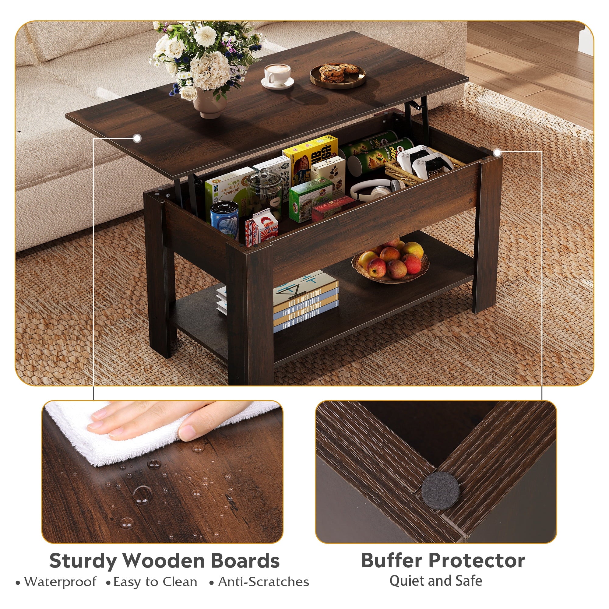 GALAXHERO 39" Lift Top Coffee Table with Storage Shelf & Hidden Compartment and Lifting Top for Home Living Room Office and Reception Room
