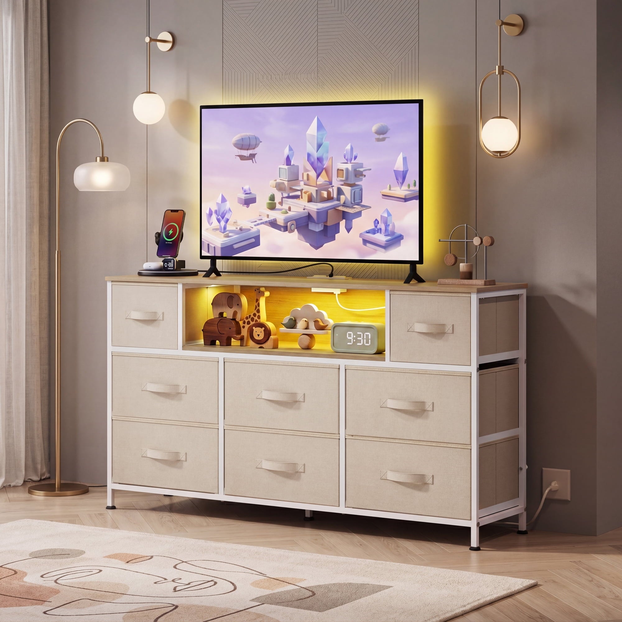 GALAXHERO 8-Drawer Dressers for Bedroom, Dresser TV Stand for 55'' TV with LED Lights and Power Outlets, Fabric Chest of Drawers for Living Room, Entryway