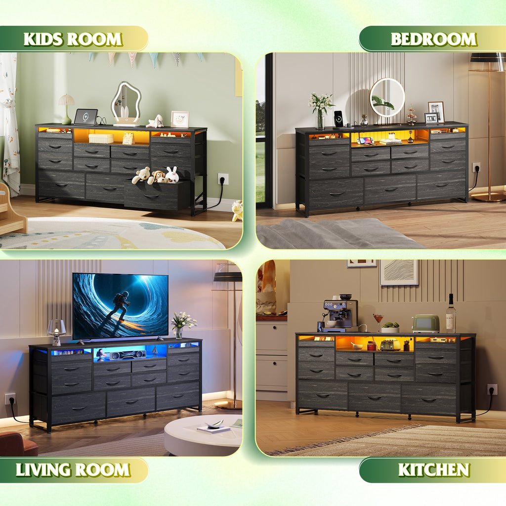GALAXHERO 13 Drawers Dresser for Bedroom, TV Stand for 65'' TV with LED Lights, Entertainment Center with Charging Station, Fabric Chest of Drawers for Living Room, Entryway