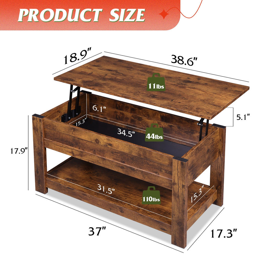 GALAXHERO Coffee Table, 39" Lift Top Coffee Table with Hidden Storage and Storage Shelf for Living Room