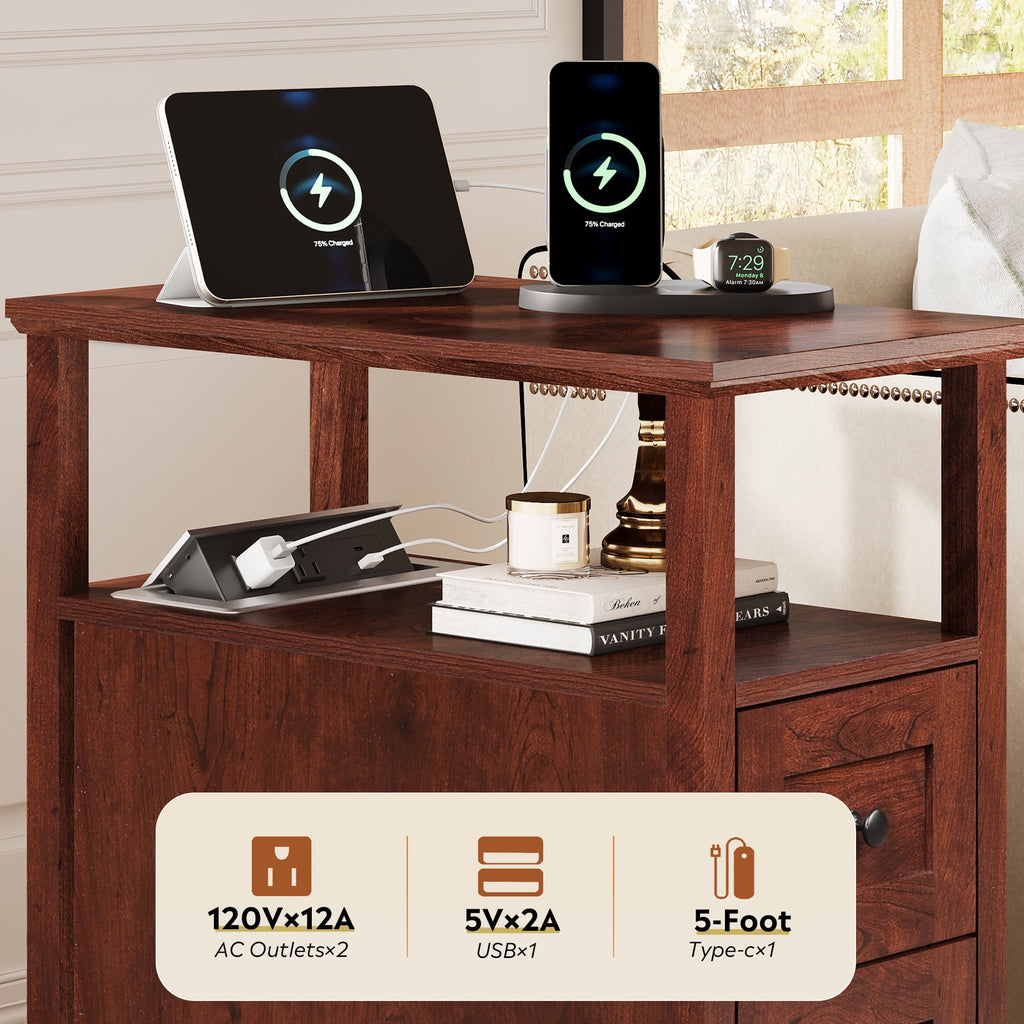 GALAXHERO Narrow End Table with Charging Station Wooden Side Table with 2 Drawers for Living Room, Bedroom, Small Space