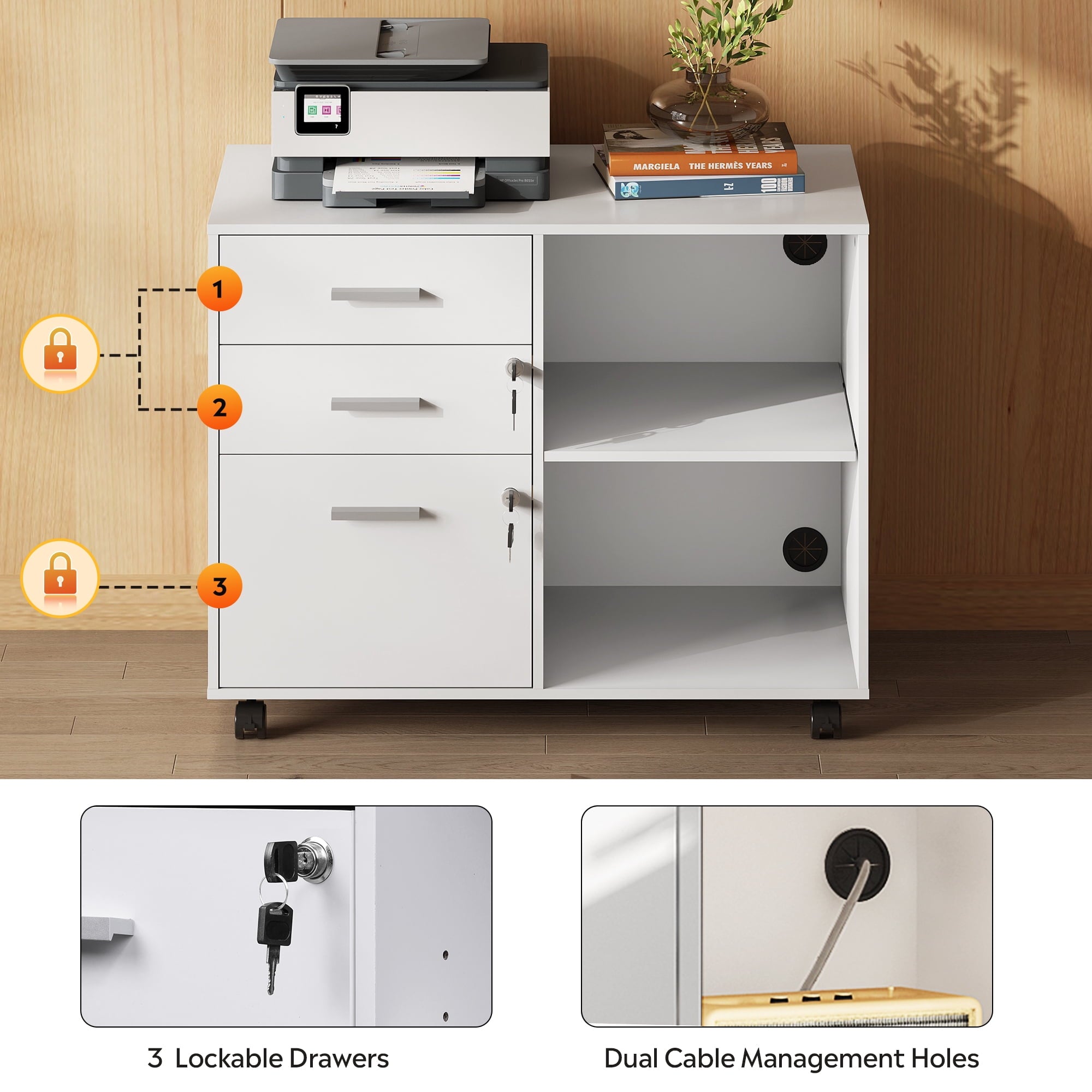 GALAXHERO 3-Drawer File Cabinet with Lock and Key, Mobile Wood Lateral Filing Cabinet & Printer Stand with Open Shelves for Home Office