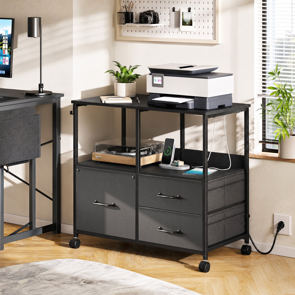GALAXHERO 3 Drawer File Cabinet with Charging Station, Mobile Printer Stand with Storage Shelves, Filing Cabinet Furniture for Home Office, Fits Letter/A4