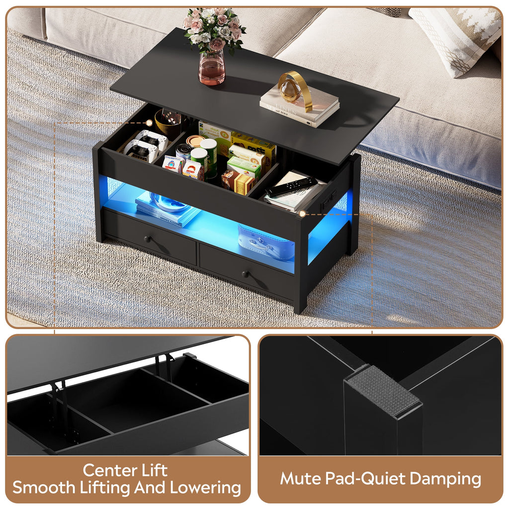 GALAXHERO Lift Top Coffee Table for Living Room Table with 2 Drawers & LED Light & Large Storage and Open Shelf