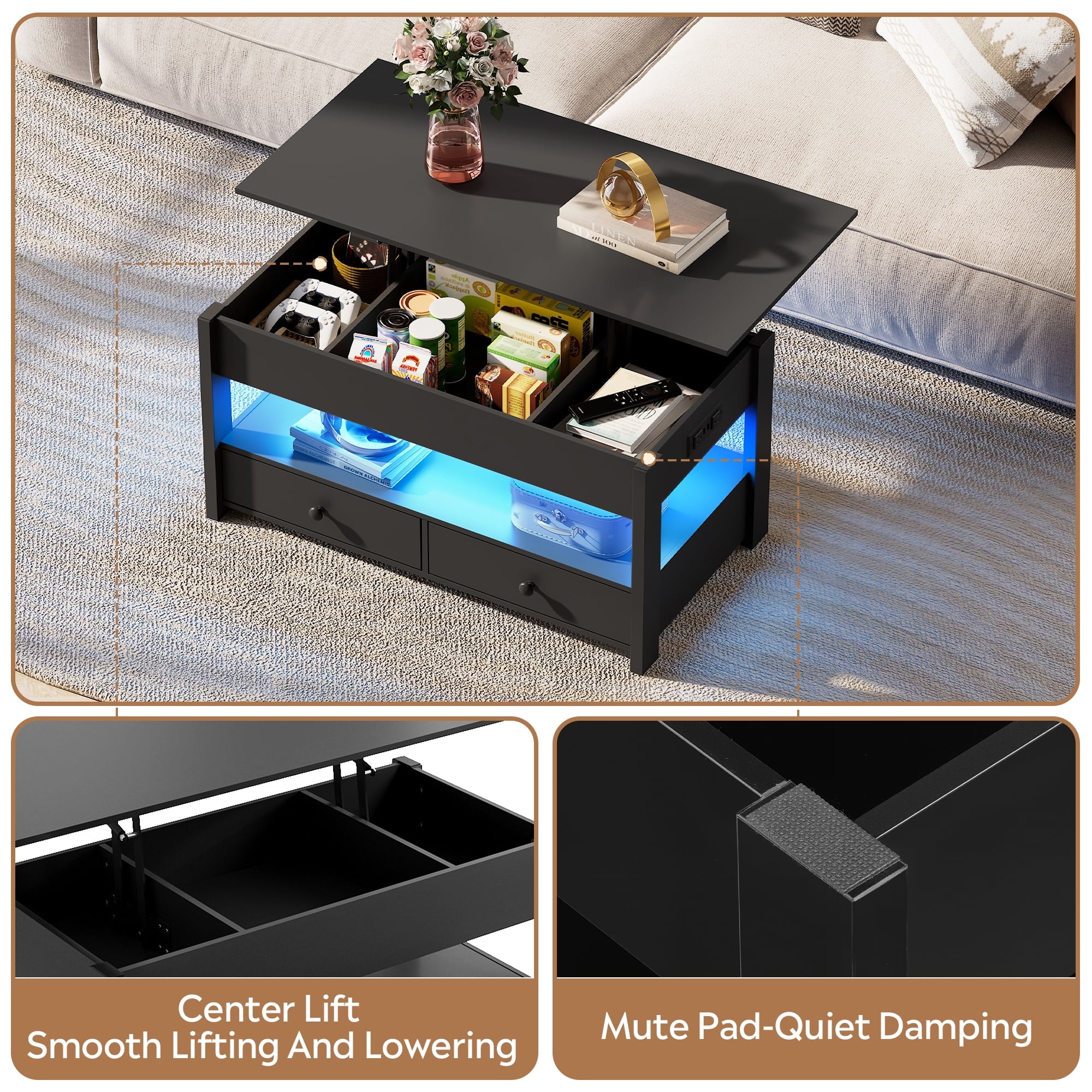 GALAXHERO Lift Top Coffee Table for Living Room Table with 2 Drawers & LED Light & Large Storage and Open Shelf