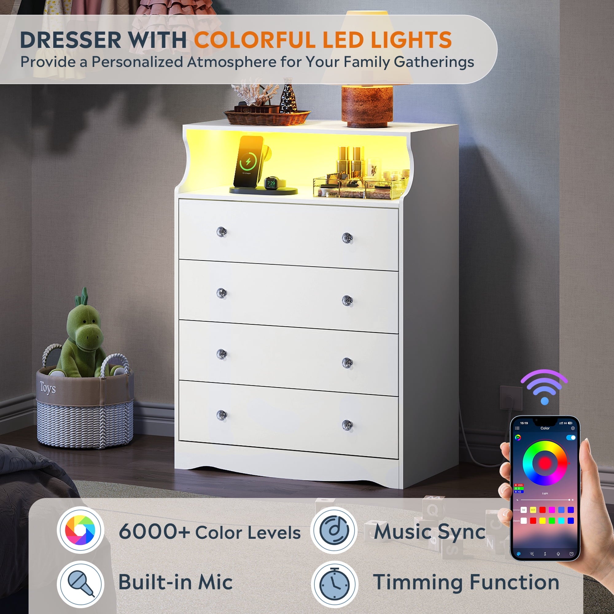GALAXHERO 4 Drawers Dresser for Bedroom, Tall  Dressers with LED Open Shelf, Modern Chest of Drawers with Charging Station, Wood Closet Clothes Organizer Storage Cabinet