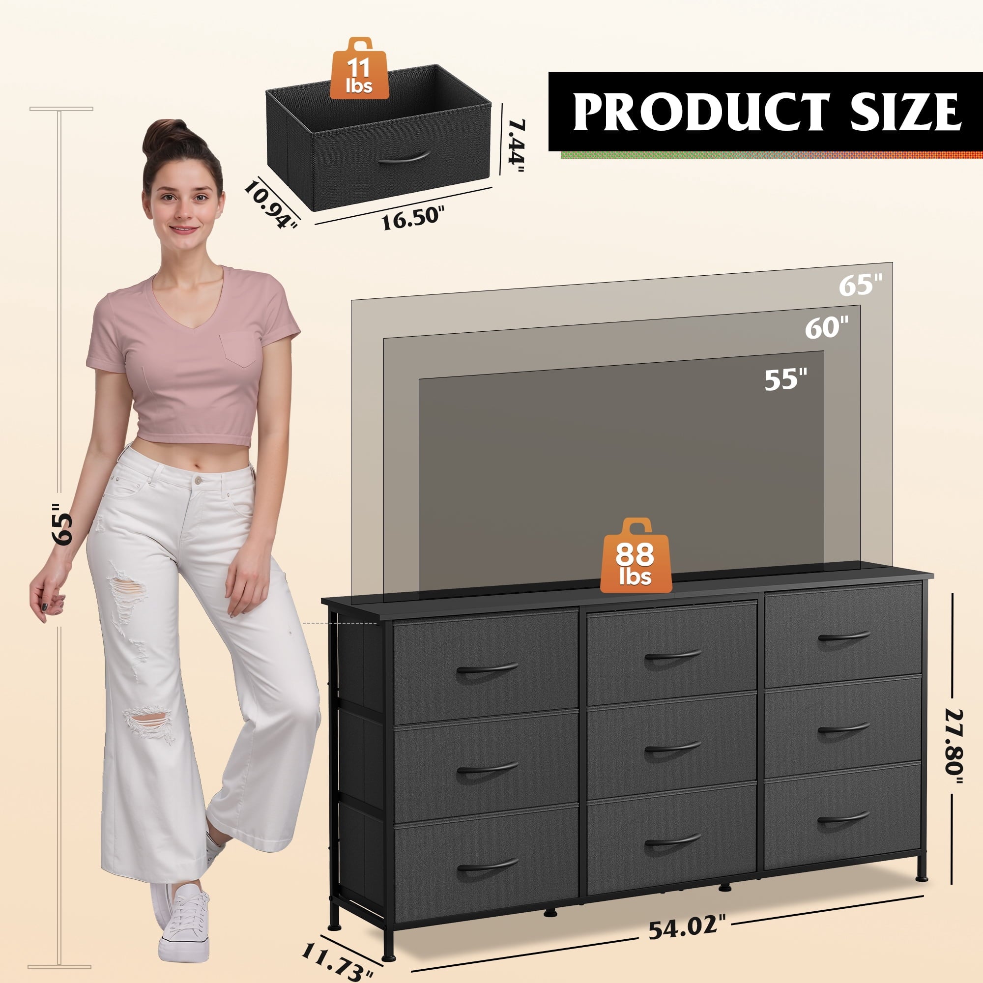 GALAXHERO 9 Drawers Dresser for Bedroom, 54''W  Fabric Dresser with Wood Top, TV Stand for 65'' TV, Wide Chest of Drawers for Closet, Living Room