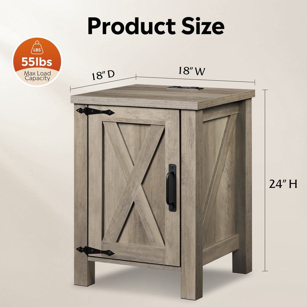 GALAXHERO Nightstand with Charging Station, Farmhouse Narrow Side Table with Barn Door, Wooden Bedside Table for Bedroom, End Tables for Living Room
