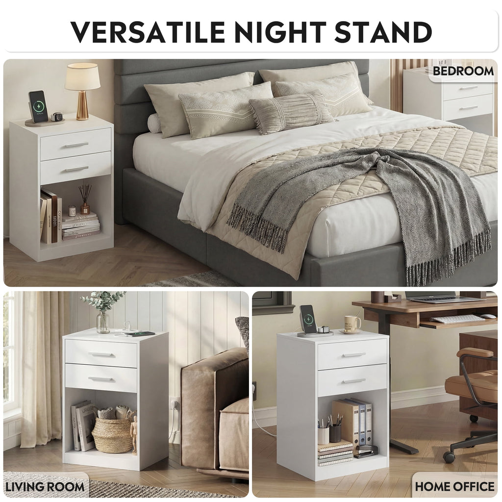 GALAXHERO Nightstand Set of 2 with Charging Station and 2 Drawers, Wood Bedside Table End Table with Open Shelf for Bedroom, Living Room