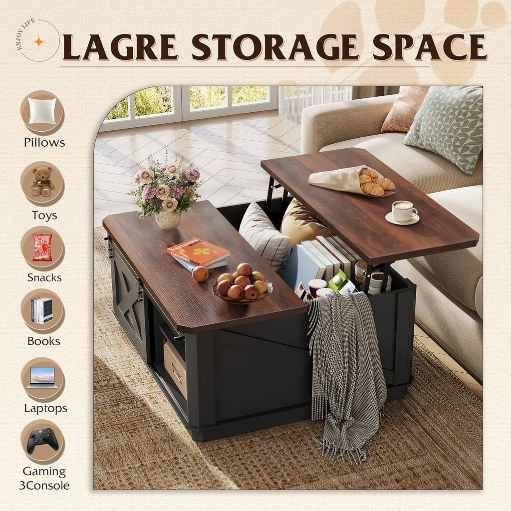 GALAXHERO Lift Top Coffee Table for Living Room 35.5" Framhouse Coffee Table with Storage, Square Center Table Rustic Cocktail Table with Sliding Barn Doors, Curevd Base
