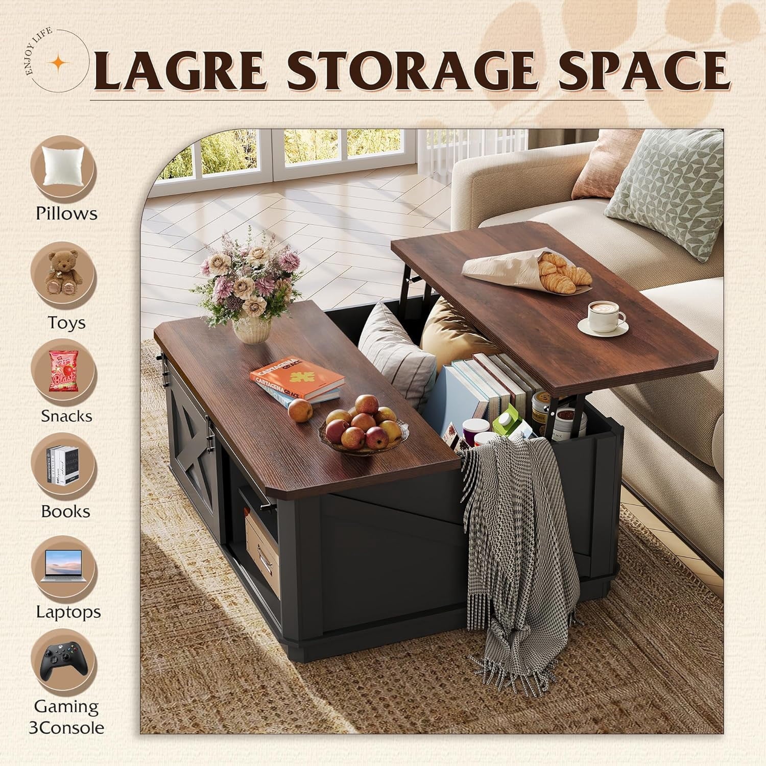 GALAXHERO Lift Top Coffee Table for Living Room 35.5" Framhouse Coffee Table with Storage, Square Center Table Rustic Cocktail Table with Sliding Barn Doors, Curevd Base