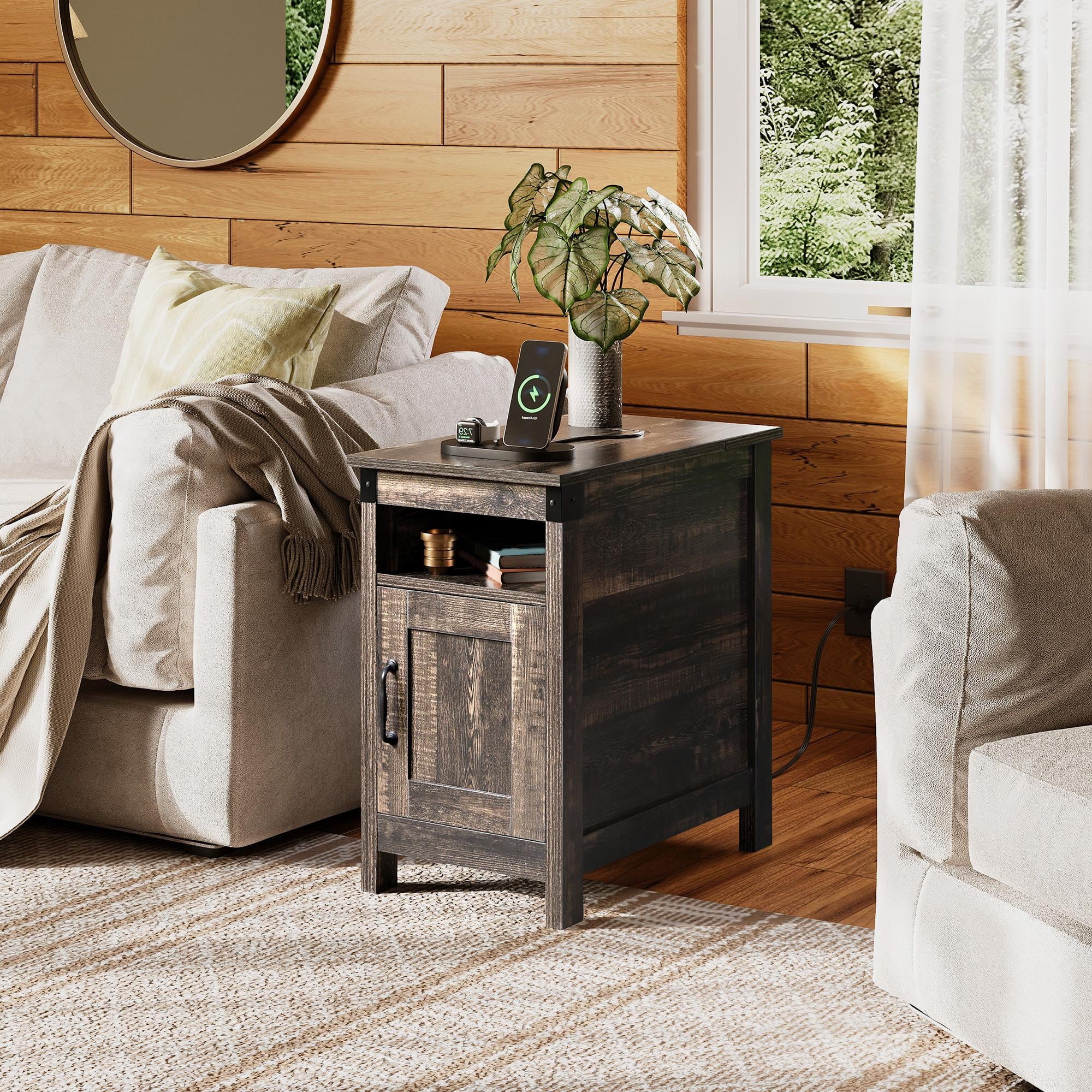 GALAXHERO End Table with Charging Station, Side Table with USB Ports and Outlets, Narrow Side Table for Small Spaces, Living Room, Couch, Nightstand with Storage, Brown
