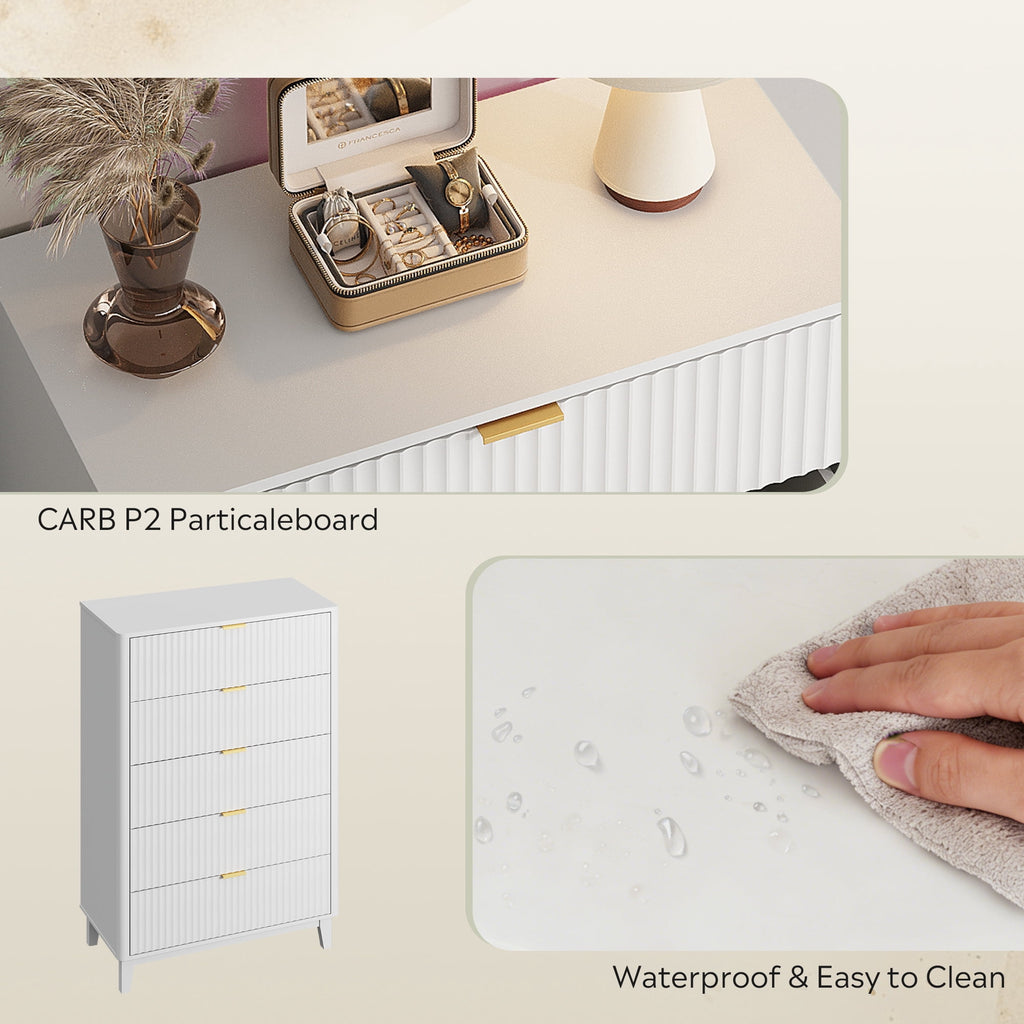 GALAXHERO 5 Drawers Dresser, Fluted Tall Dresser with Golden Metal Handles, Modern Chest of Drawers for Bedroom, Living Room, Hallway, Closet