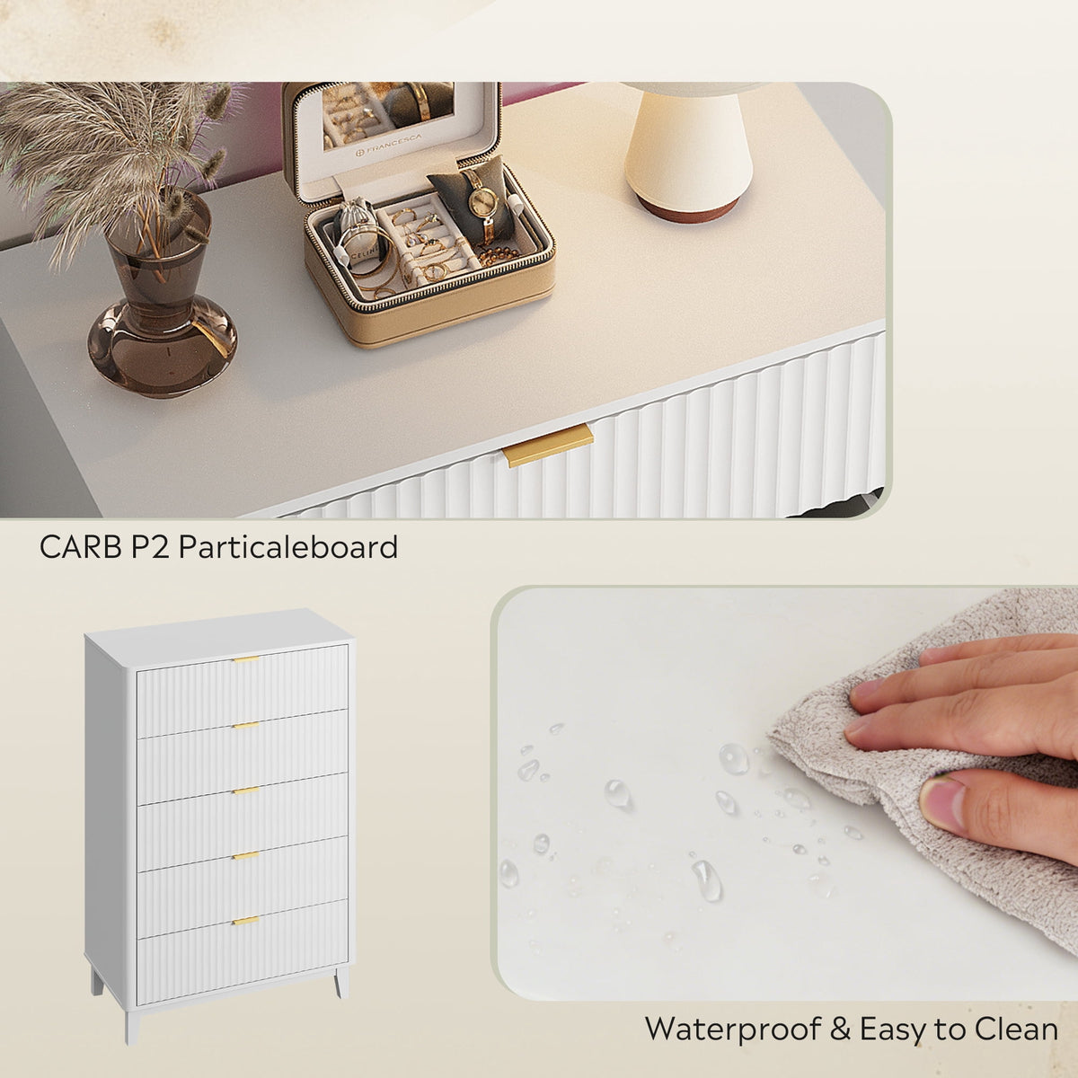 GALAXHERO 5 Drawers Dresser, Fluted Tall Dresser with Golden Metal Handles, Modern Chest of Drawers for Bedroom, Living Room, Hallway, Closet